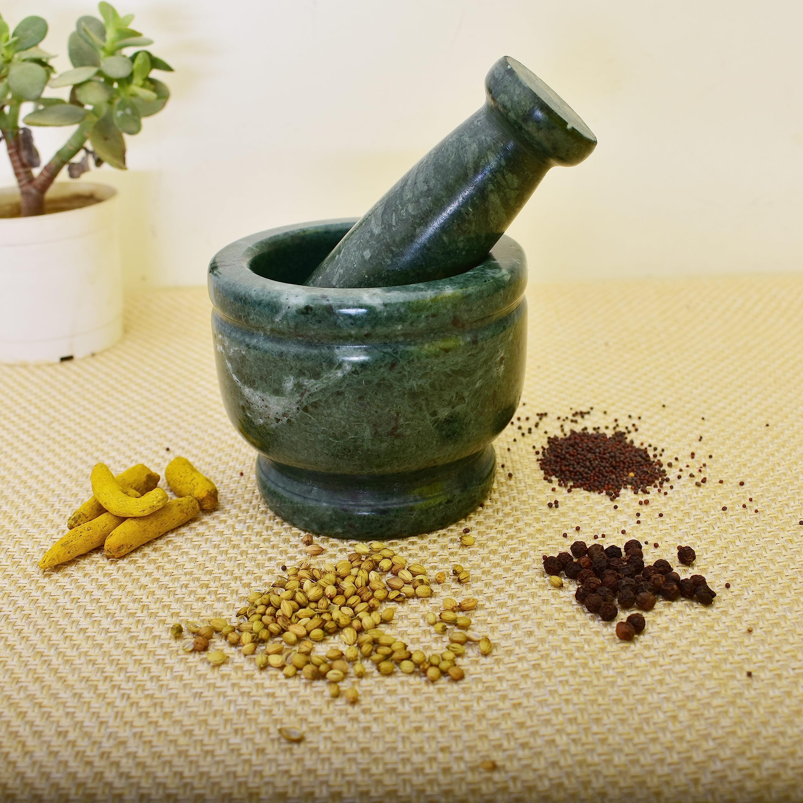 KunhaR Natural Green Marble Mortar and Pestle Set, Imam Dasta, Ohkli Musal, Kharal - 4 x 3 Inches, Green, (Full Polish)