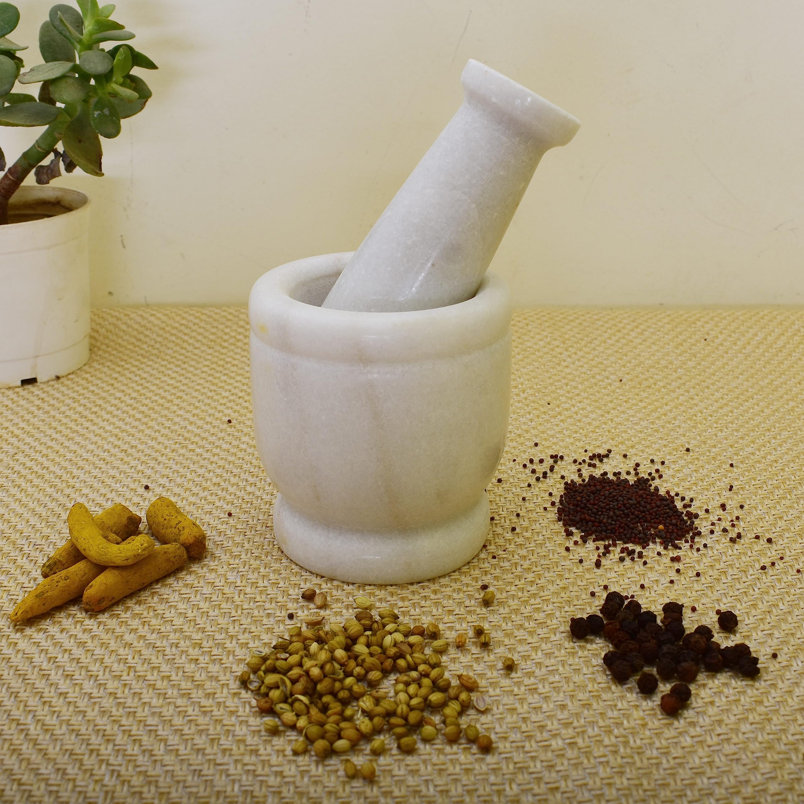 KunhaR Natural White Marble Mortar and Pestle Set, Imam Dasta, Ohkli Musal, Kharal - 4 x 4 Inches, White, (Half Polish)