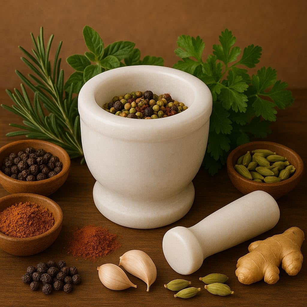 KunhaR Natural White Marble Mortar and Pestle Set, Imam Dasta, Ohkli Musal, Kharal - 4 x 4 Inches, White, (Half Polish)