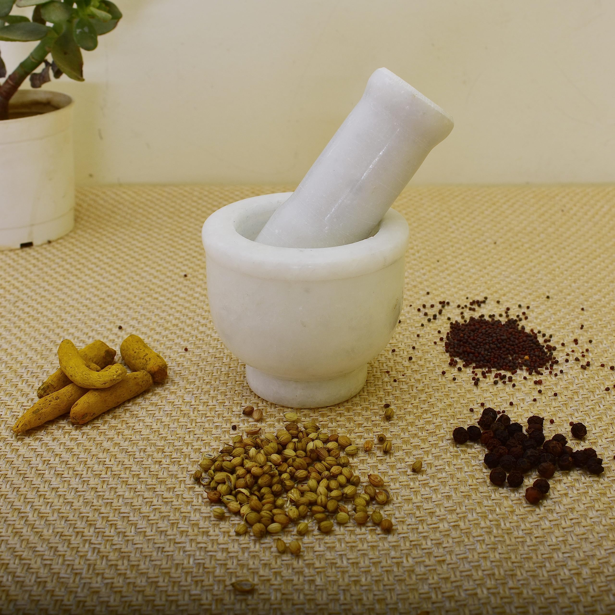 KunhaR Natural White Marble Mortar and Pestle Set, Imam Dasta, Ohkli Musal, Kharal - 3 x 2.5 Inches, White, (Half Polish)