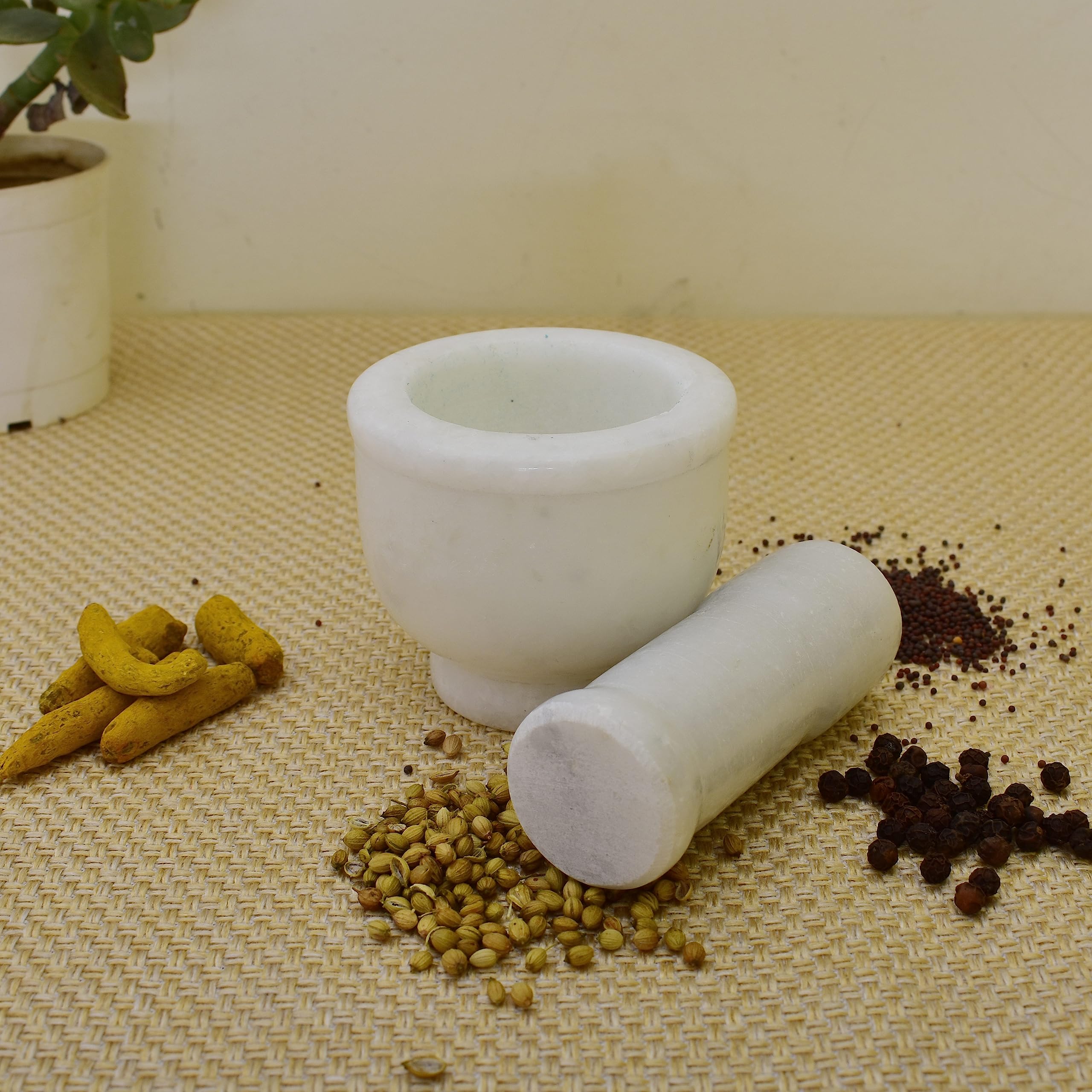 KunhaR Natural White Marble Mortar and Pestle Set, Imam Dasta, Ohkli Musal, Kharal - 3 x 2.5 Inches, White, (Half Polish)