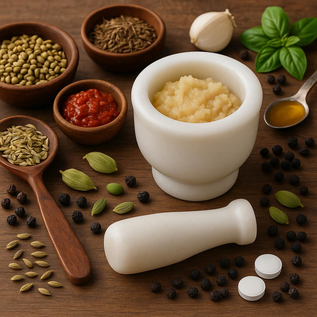 KunhaR Natural White Marble Mortar and Pestle Set, Imam Dasta, Ohkli Musal, Kharal - 3 x 2.5 Inches, White, (Half Polish)