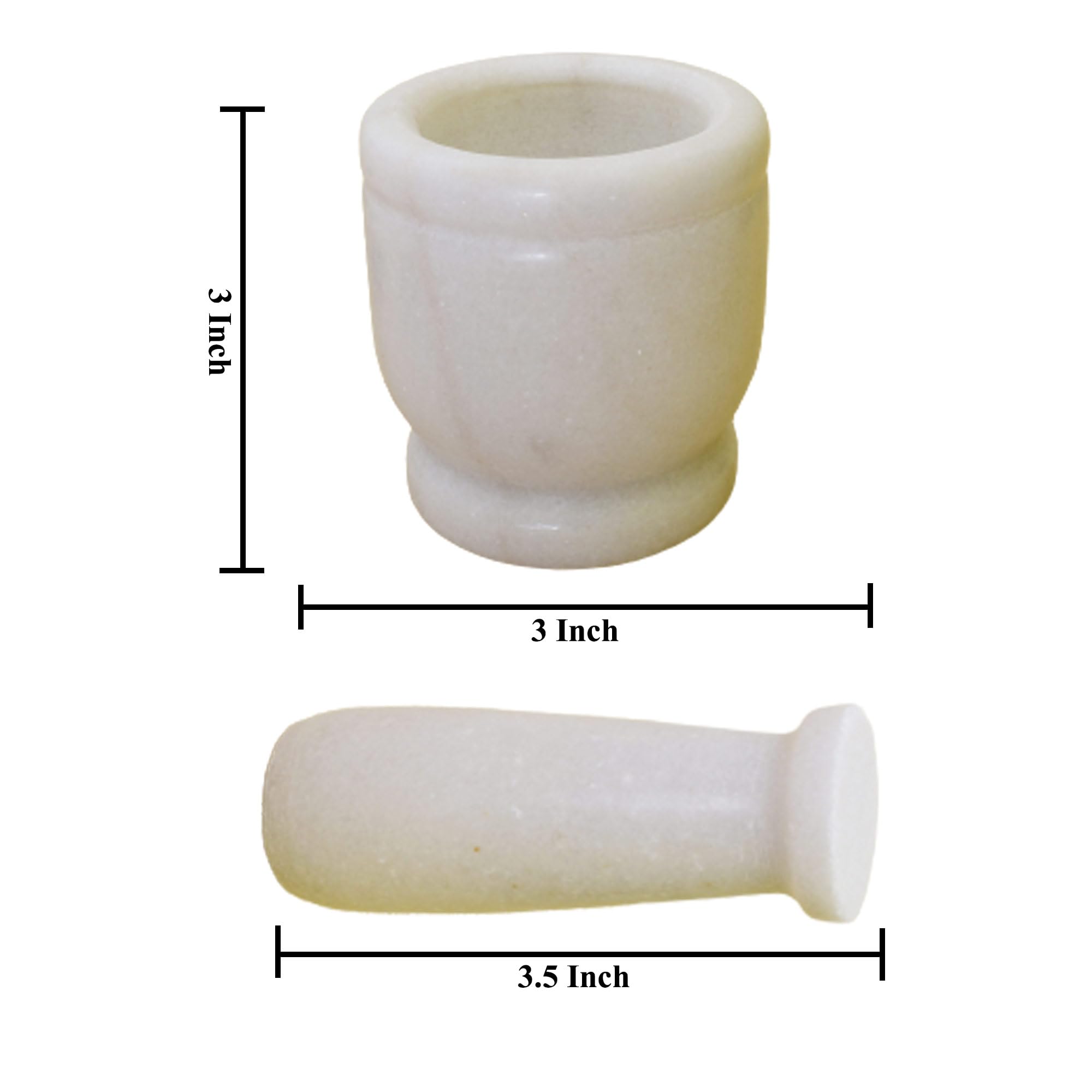 KunhaR Natural White Marble Mortar and Pestle Set, Imam Dasta, Ohkli Musal, Kharal - 3 x 3 Inches, White, (Half Polish)