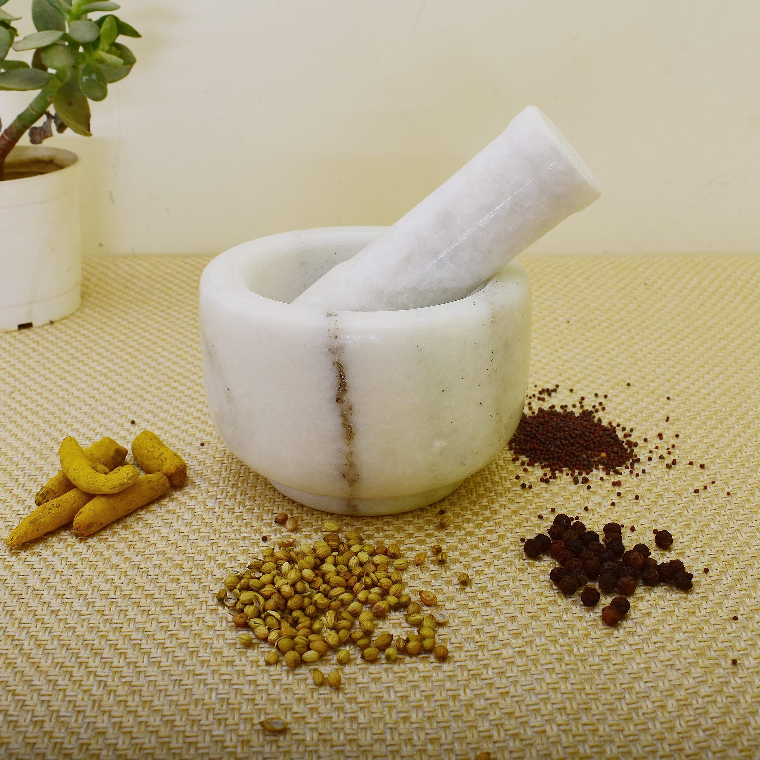 KunhaR Natural White Marble Mortar and Pestle Set, Imam Dasta, Ohkli Musal, Kharal - 4 x 2.5 Inches, White, (Half Polish)