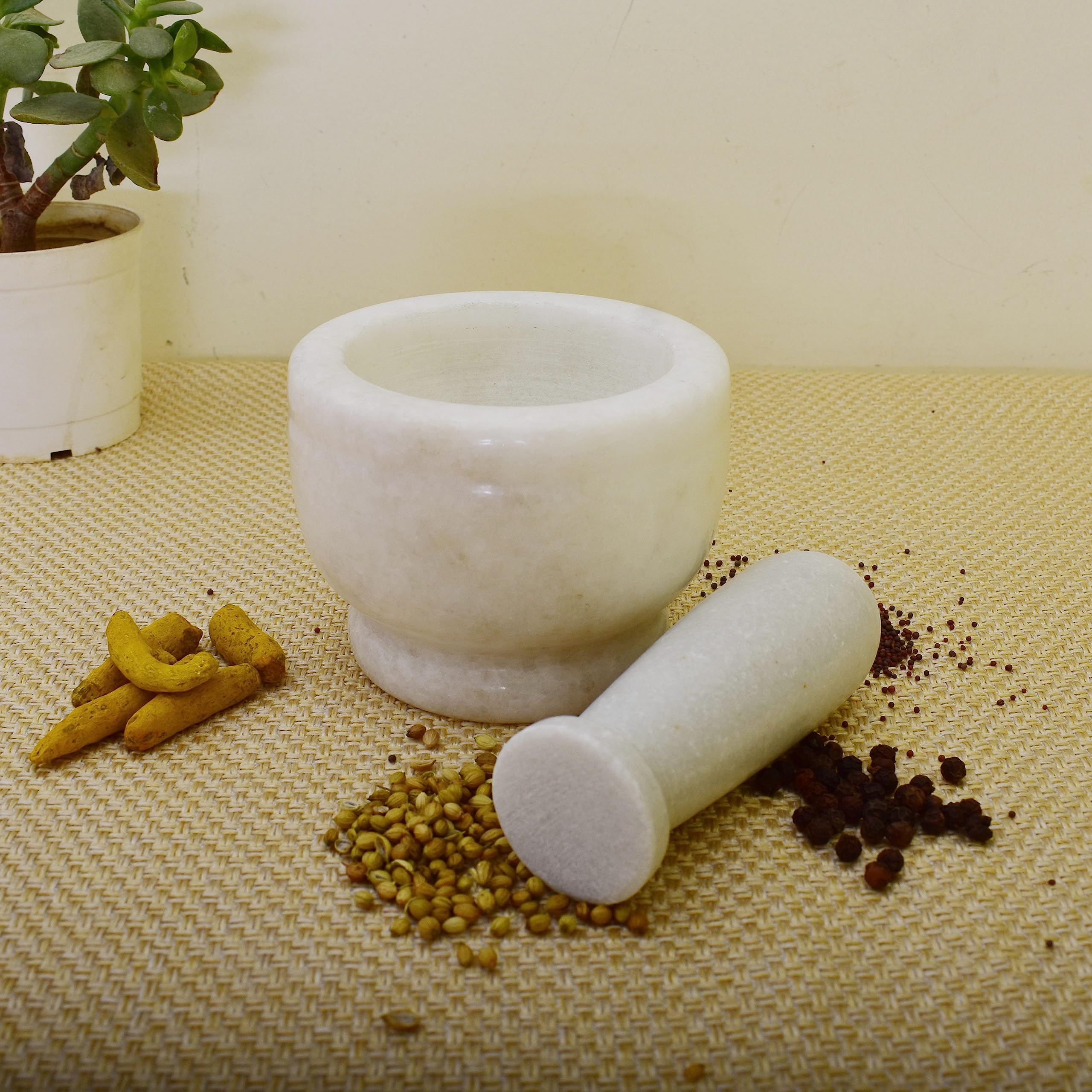 KunhaR Natural White Marble Mortar and Pestle Set, Imam Dasta, Ohkli Musal, Kharal - 4 x 3 Inches, White, (Half Polish)