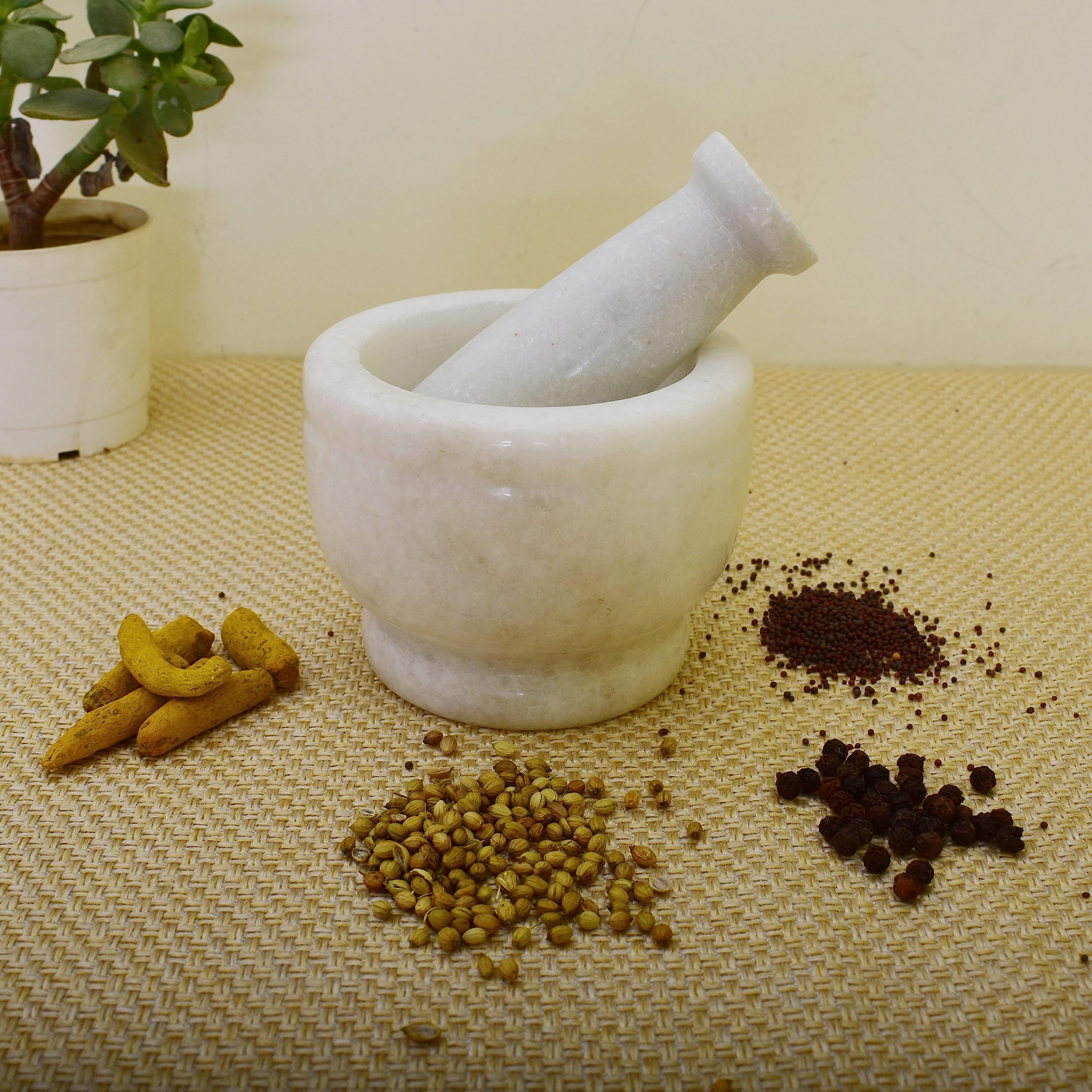 KunhaR Natural White Marble Mortar and Pestle Set, Imam Dasta, Ohkli Musal, Kharal - 4 x 3 Inches, White, (Half Polish)