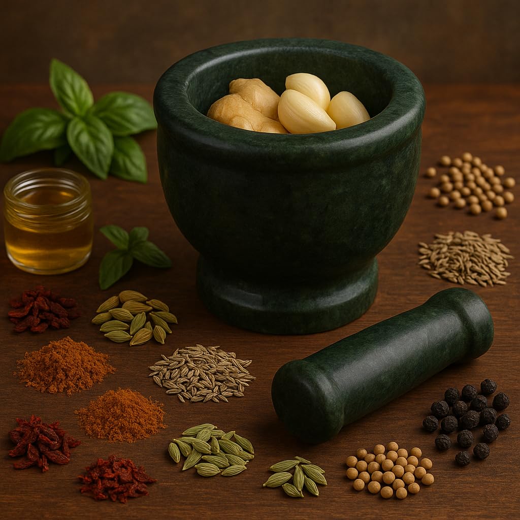 KunhaR Natural Green Marble Mortar and Pestle Set, Imam Dasta, Ohkli Musal, Kharal - 3 x 2.5 Inches, Green, (Half Polish)