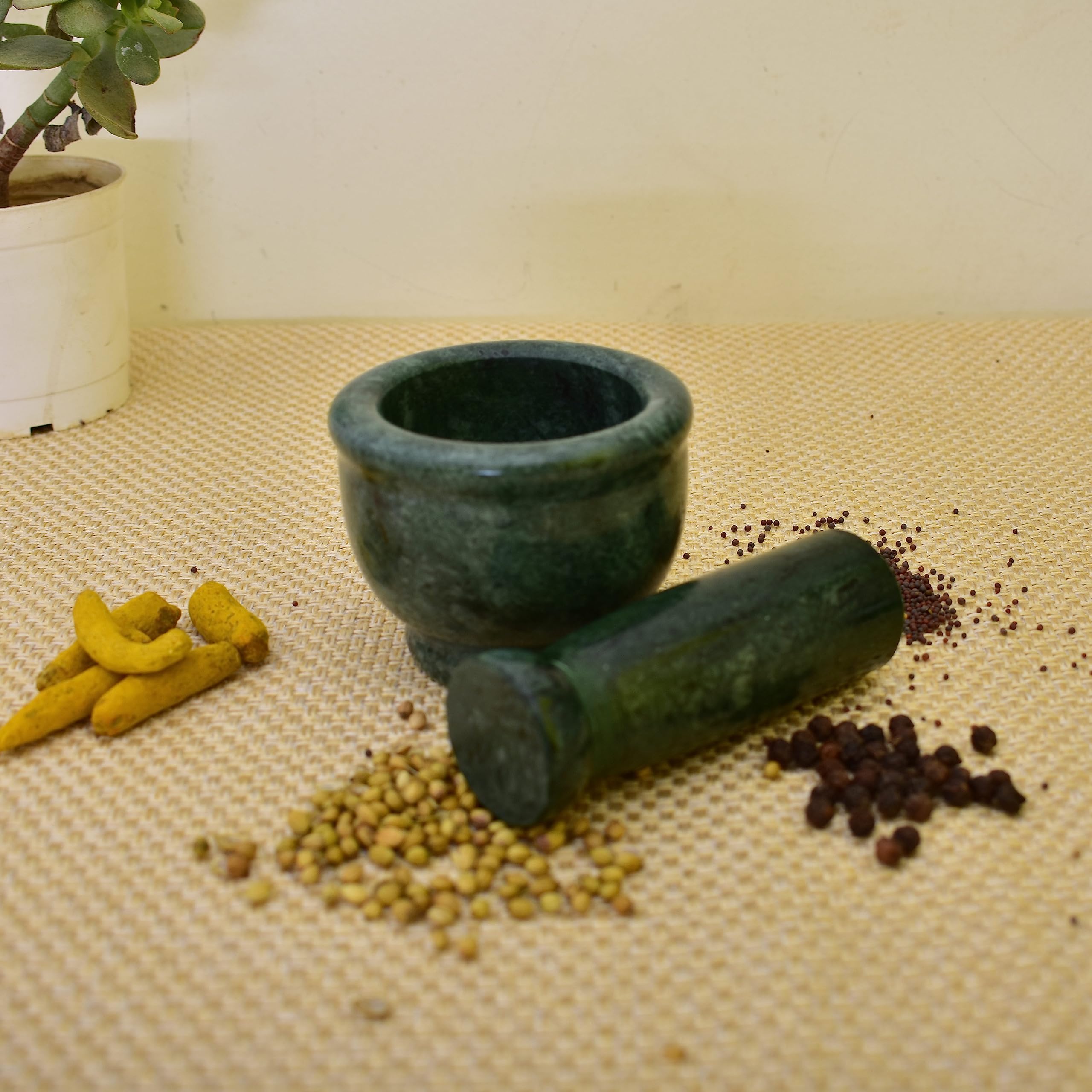 KunhaR Natural Green Marble Mortar and Pestle Set, Imam Dasta, Ohkli Musal, Kharal - 3 x 2.5 Inches, Green, (Half Polish)