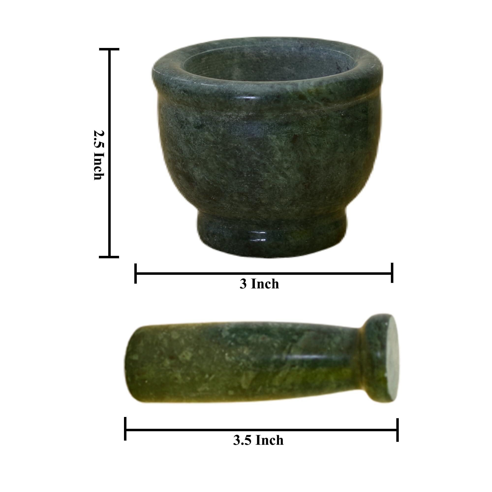 KunhaR Natural Green Marble Mortar and Pestle Set, Imam Dasta, Ohkli Musal, Kharal - 3 x 2.5 Inches, Green, (Half Polish)