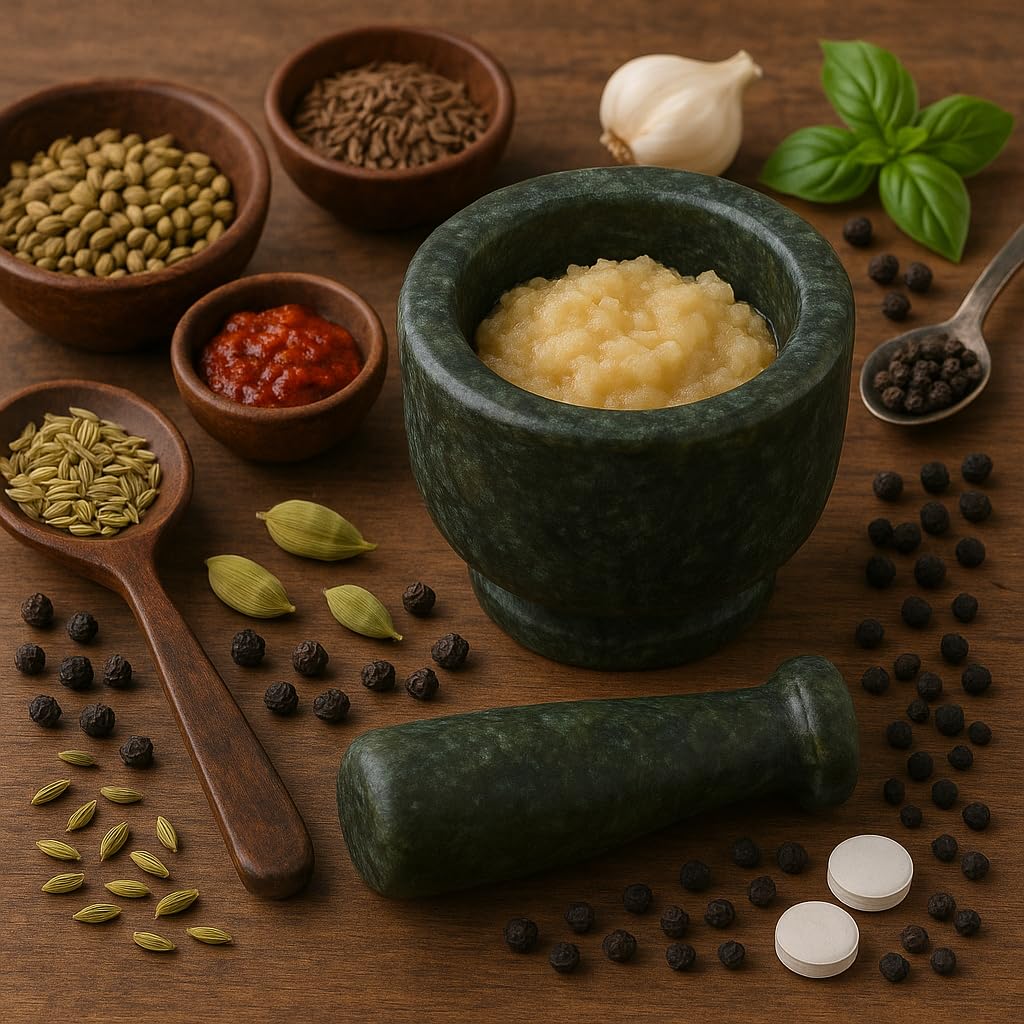 KunhaR Natural Green Marble Mortar and Pestle Set, Imam Dasta, Ohkli Musal, Kharal - 3 x 2.5 Inches, Green, (Full Polish)