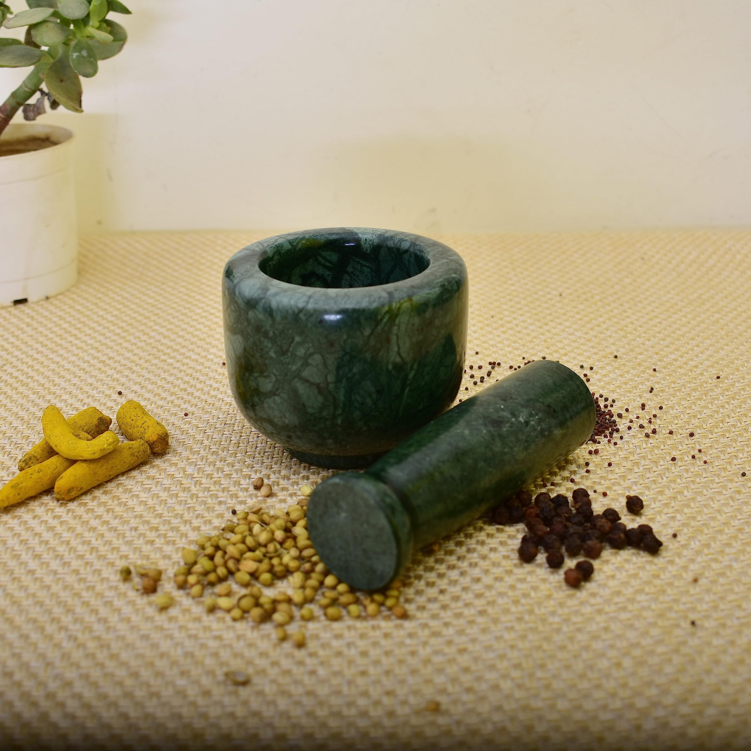 KunhaR Natural Green Marble Mortar and Pestle Set, Imam Dasta, Ohkli Musal, Kharal - 3 x 2.5 Inches, Green, (Full Polish)