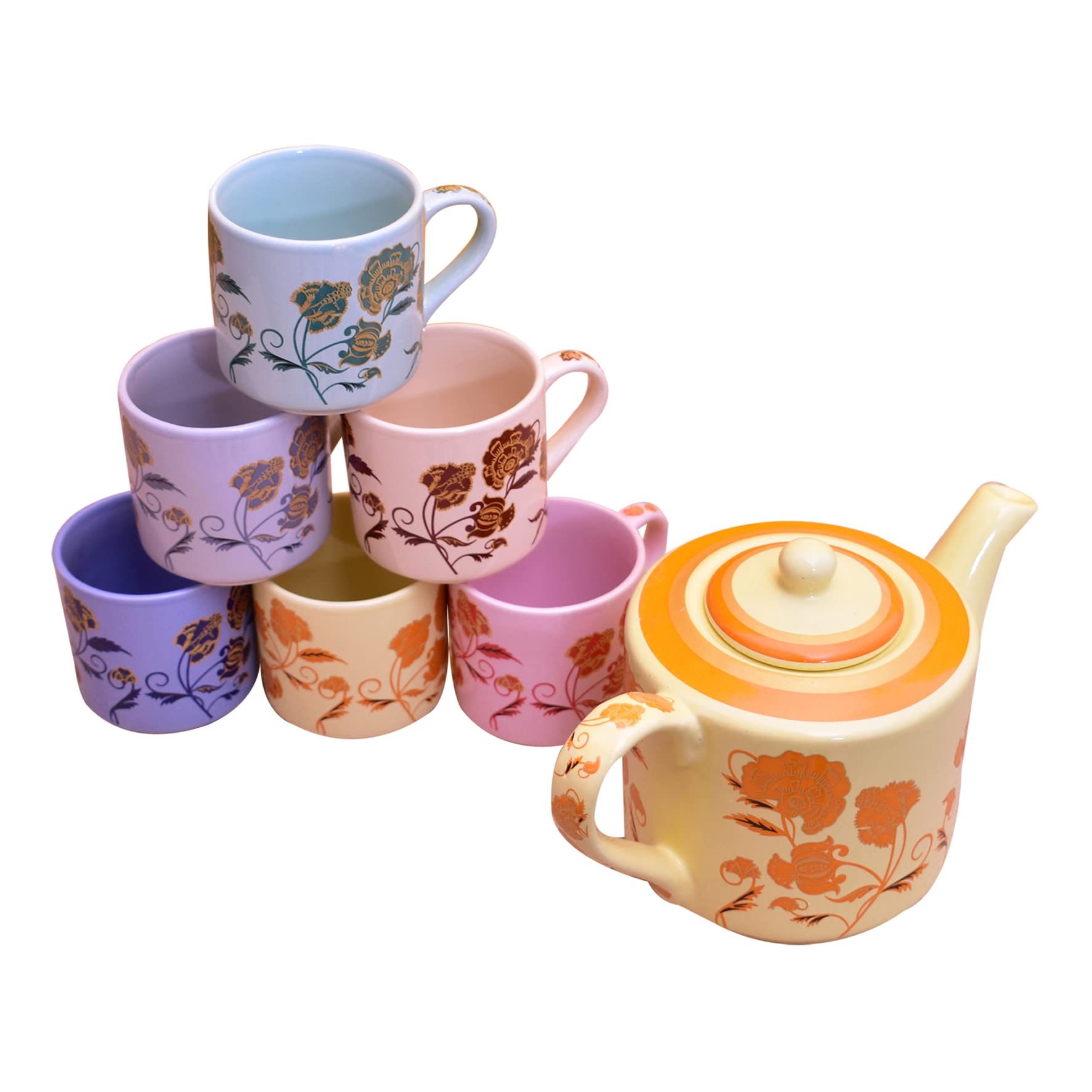Kunhar Ceramic 6 Cups and 1 Kettle Tea Cup Set - Multicolor