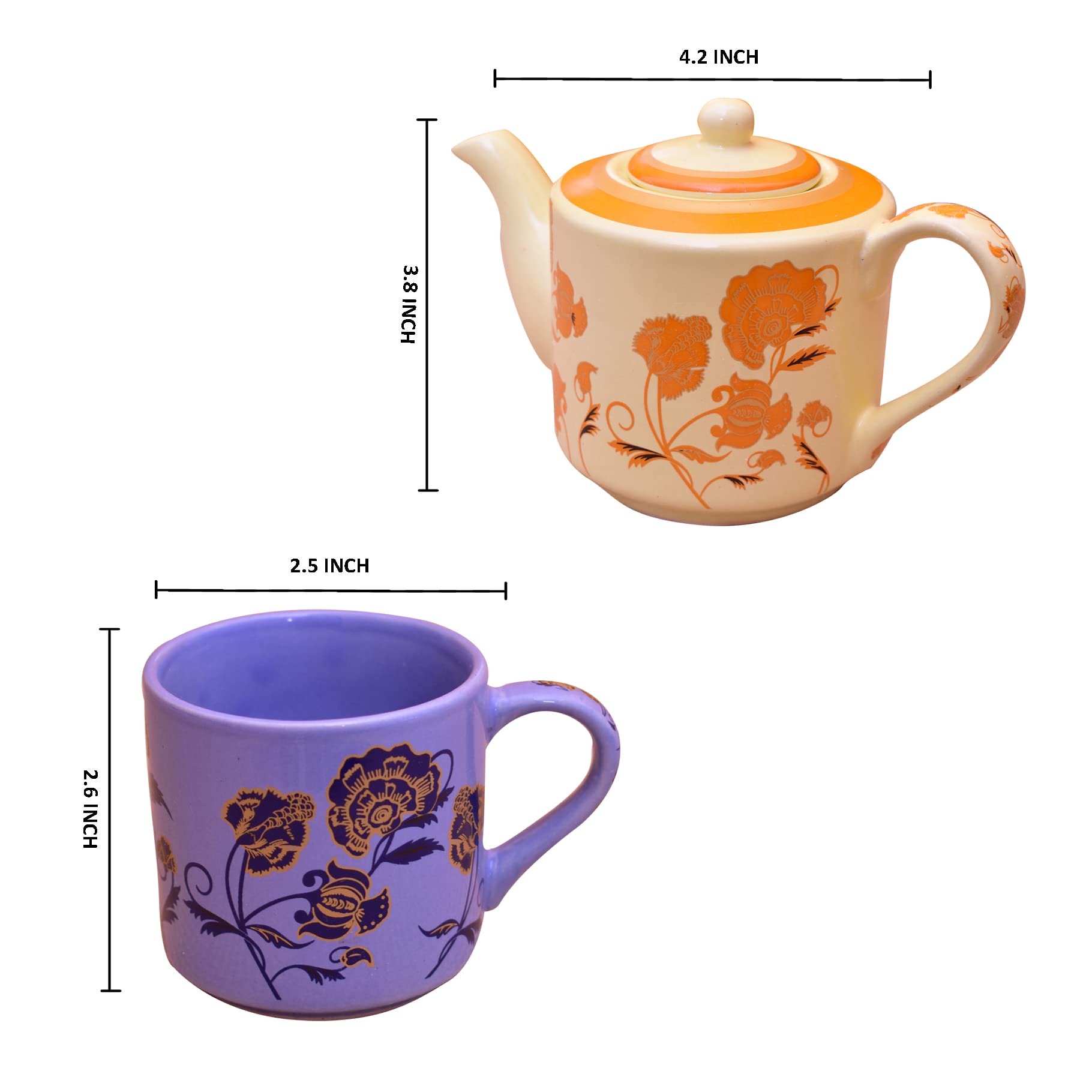 Kunhar Ceramic 6 Cups and 1 Kettle Tea Cup Set - Multicolor