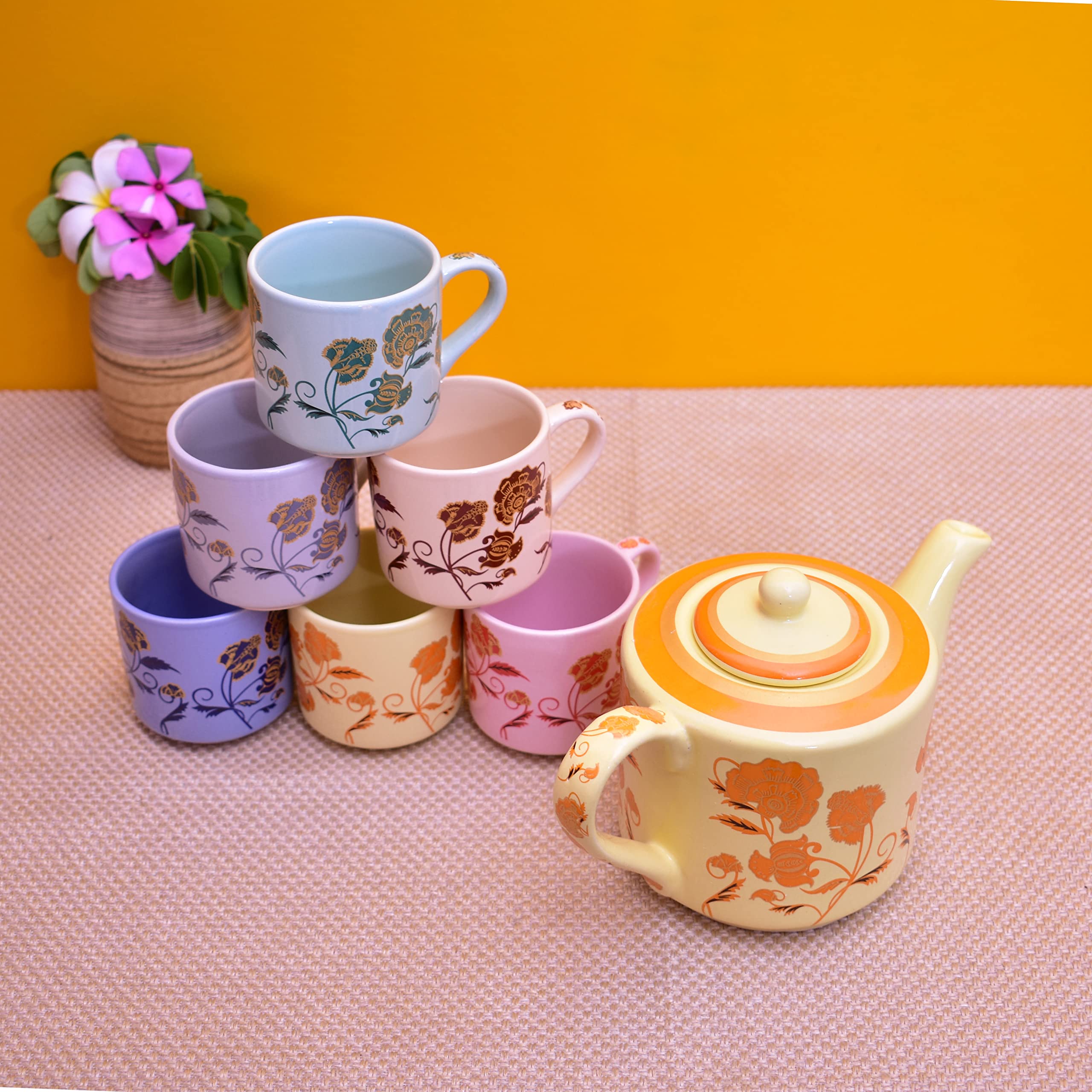 Kunhar Ceramic 6 Cups and 1 Kettle Tea Cup Set - Multicolor