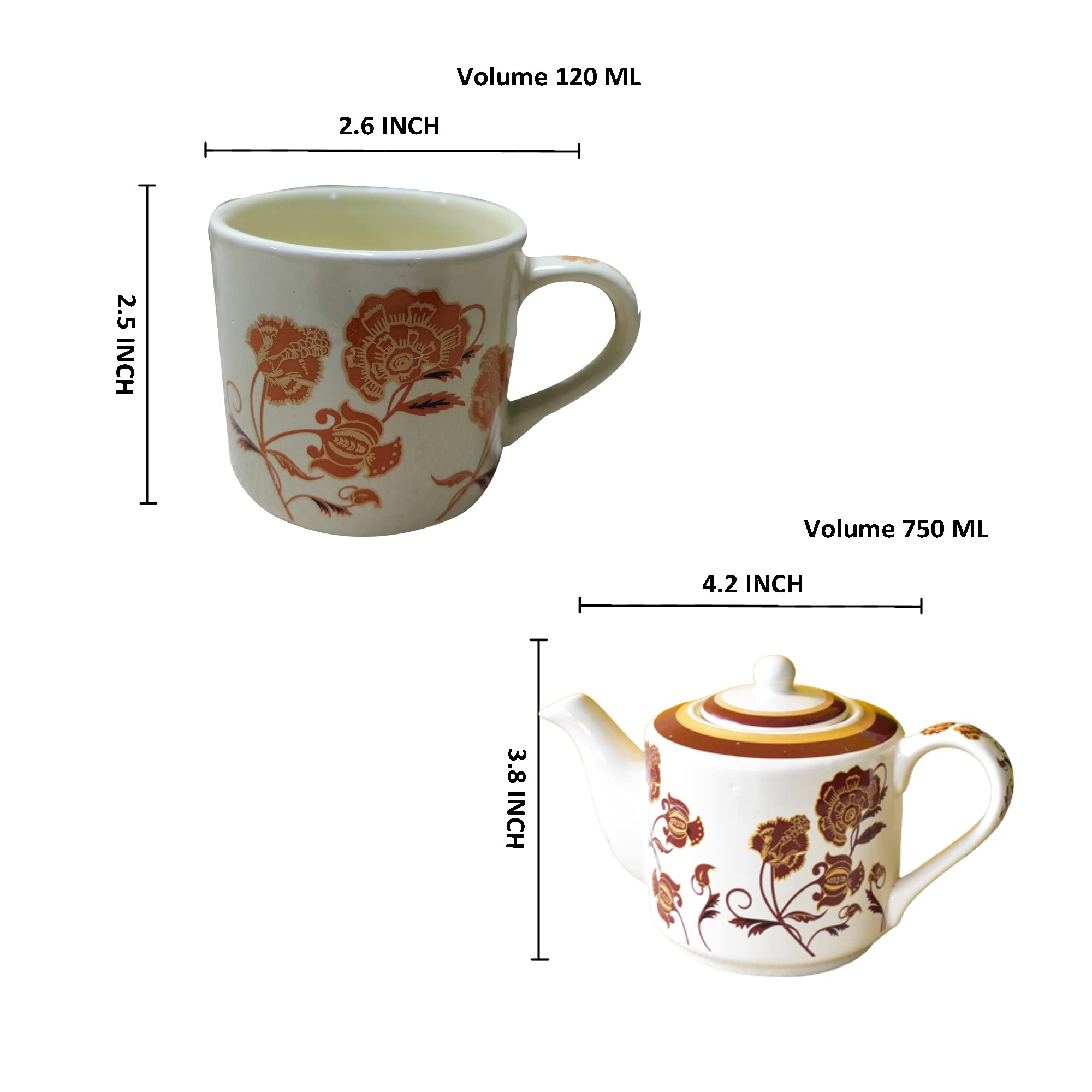 Kunhar Ceramic 6 Cups and 1 Kettle Tea Cup Set - Multicolor