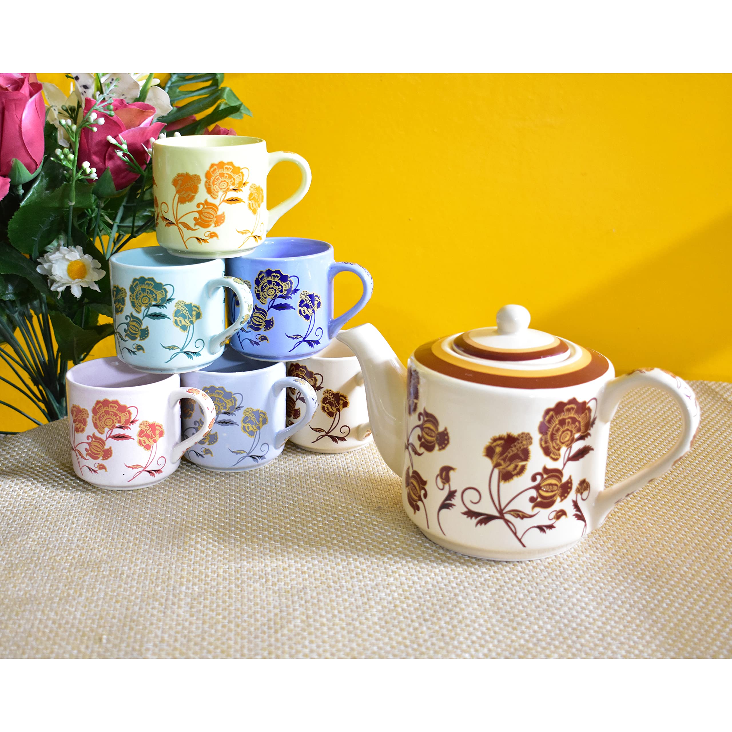 Kunhar Ceramic 6 Cups and 1 Kettle Tea Cup Set - Multicolor