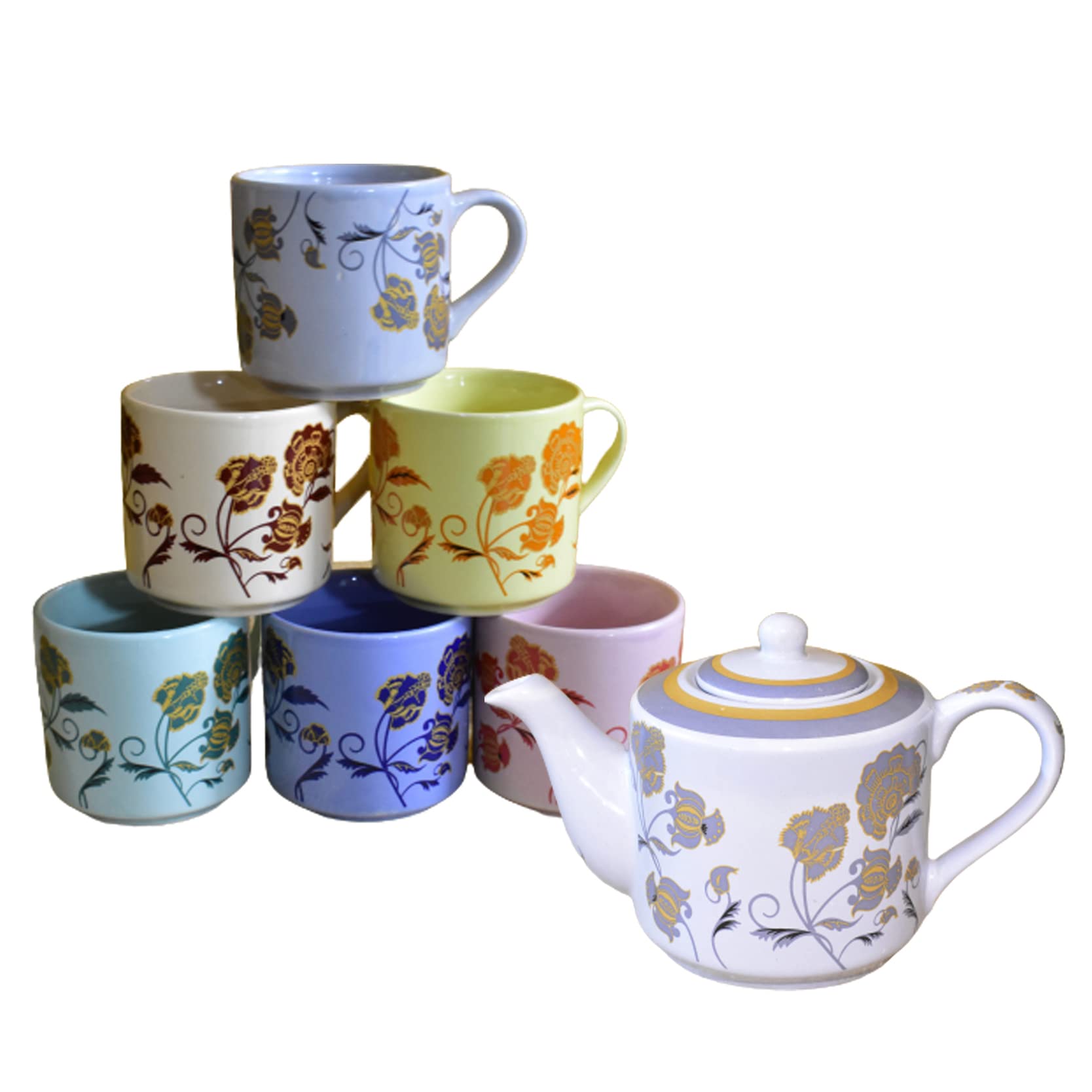 Kunhar Ceramic 6 Cups and 1 Kettle Tea Cup Set - Multicolor