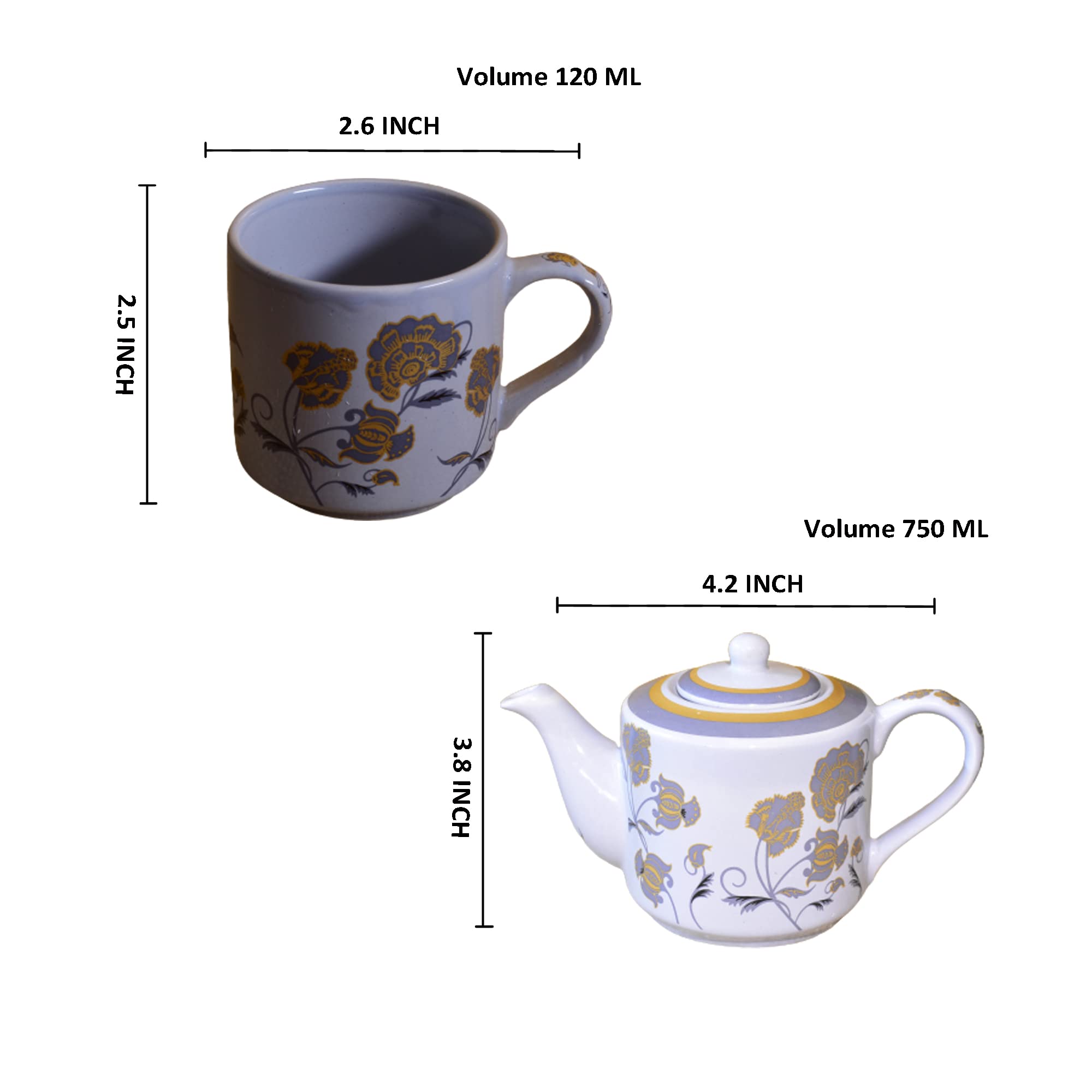 Kunhar Ceramic 6 Cups and 1 Kettle Tea Cup Set - Multicolor
