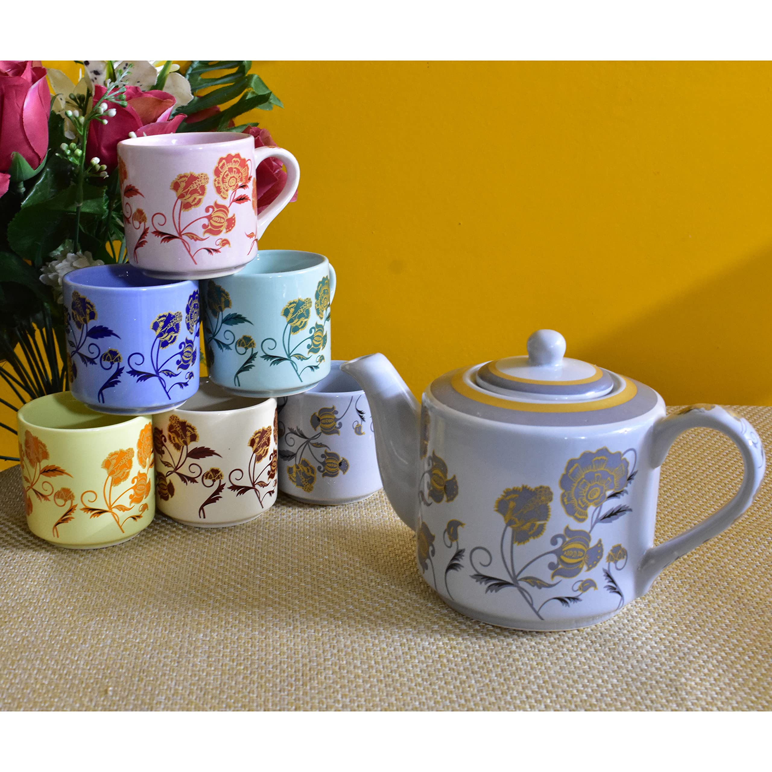 Kunhar Ceramic 6 Cups and 1 Kettle Tea Cup Set - Multicolor