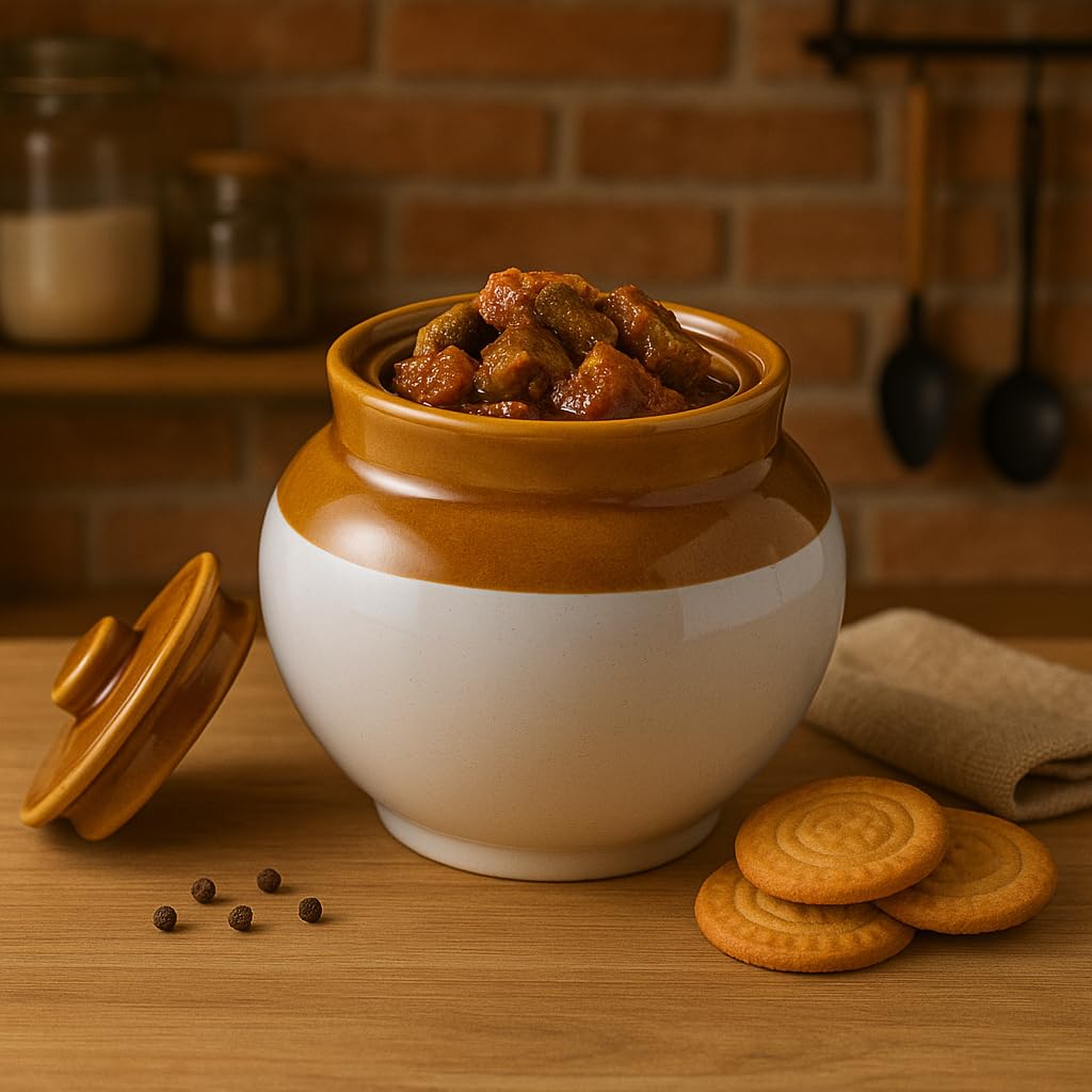 Kunhar Ceramic Jars (1200ML) – Handcrafted Multipurpose Barni with Lid for Pickle, Chutney, Spices, Salt, Sugar – Kitchen Storage Containers, White Espresso