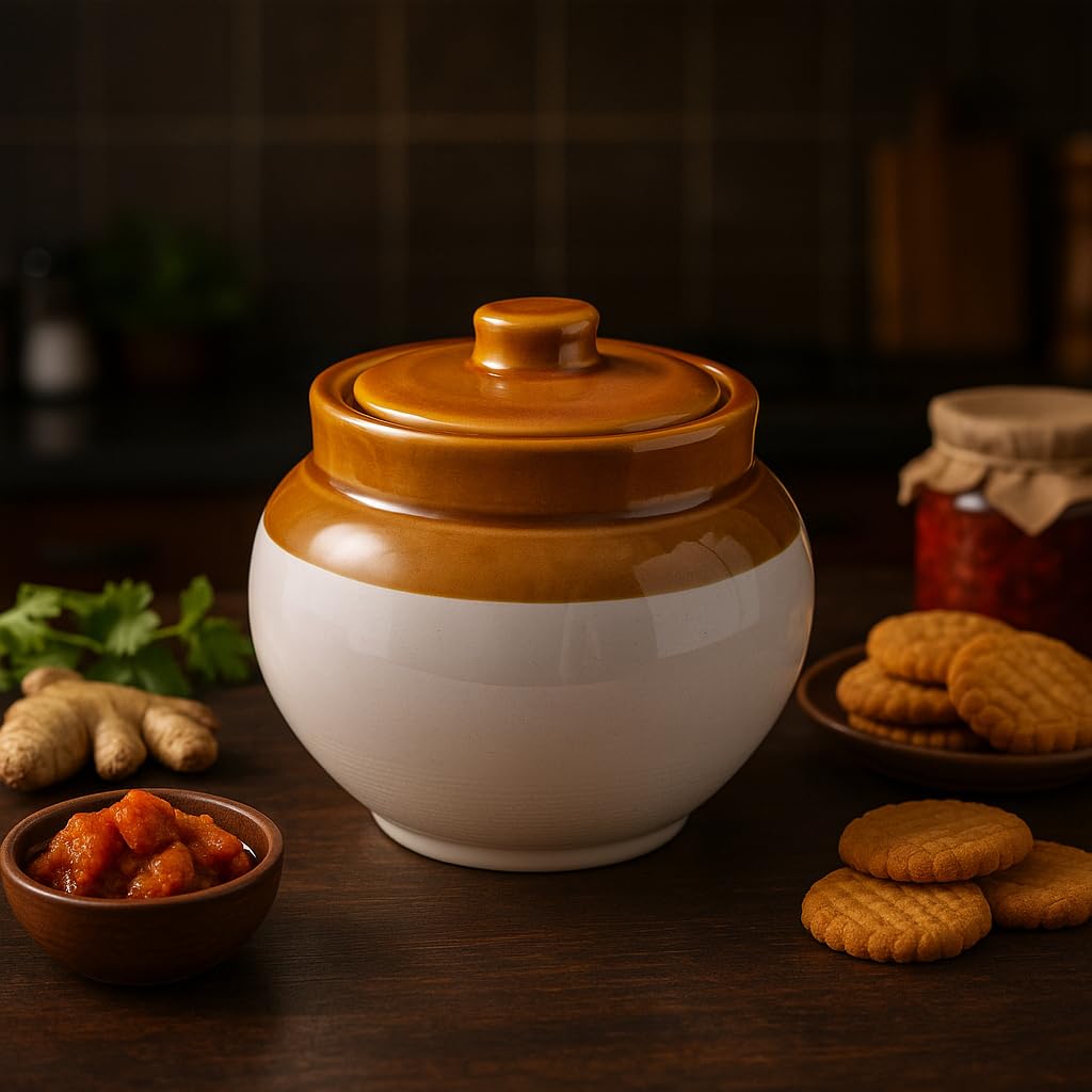 Kunhar Ceramic Jars (2200ml) – Handcrafted Multipurpose Barni with Lid for Pickle, Chutney, Spices, Salt, Sugar – Kitchen Storage Containers, White (5 x 6 Inch), Not Airtight