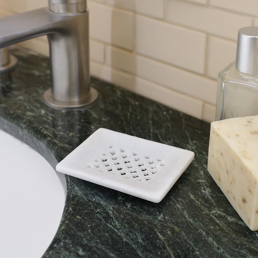 KunhaR White Marble Soap Dish Holder Elegant Bathroom & Wash Basin Accessory (2.8 x 3.9 Inch)