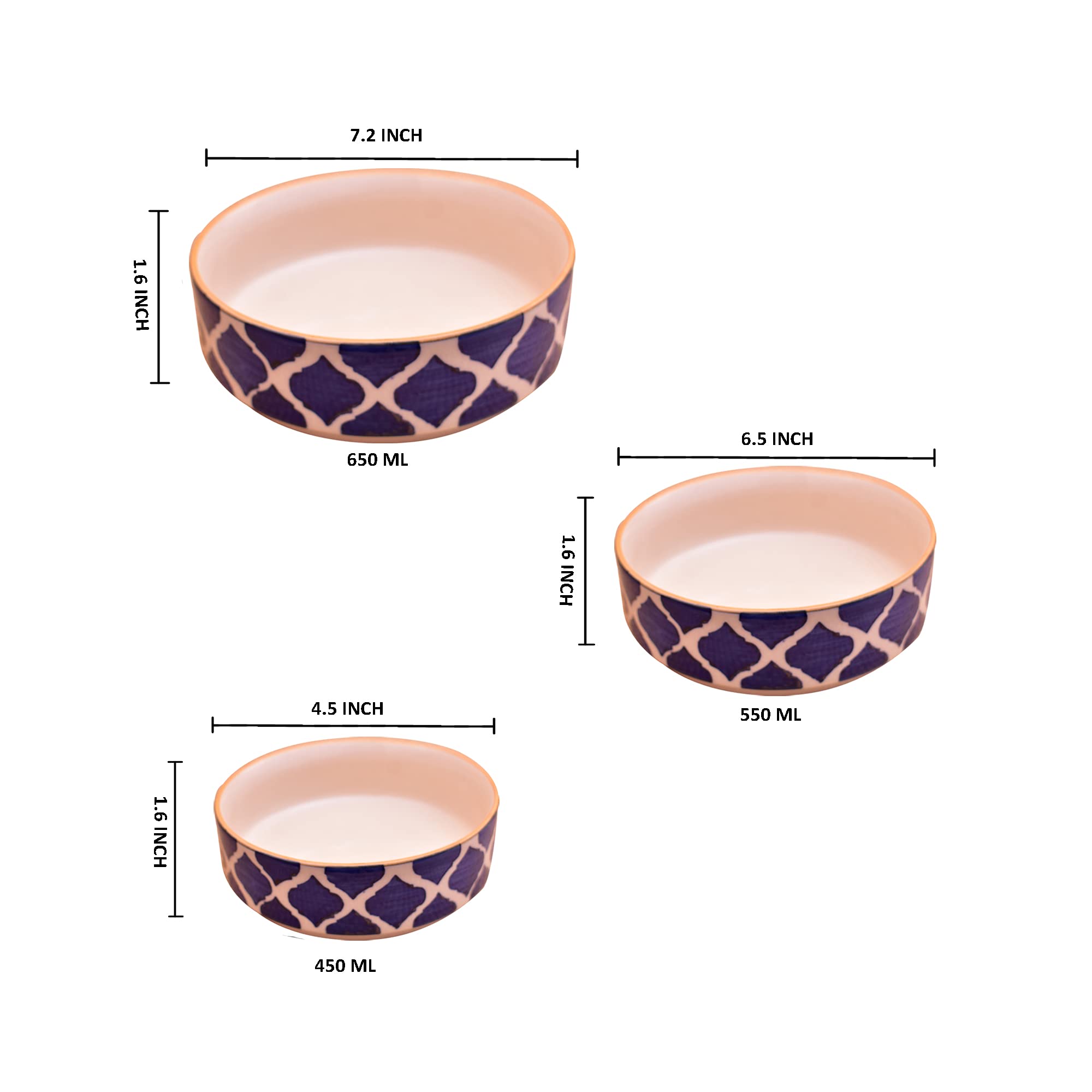 Kunhar Ceramic Bowls Set for Snacks Ceramic Serving Bowl Set for Dinner - 650 ML, 550 ML and 400 ML, 3 Pieces, Blue