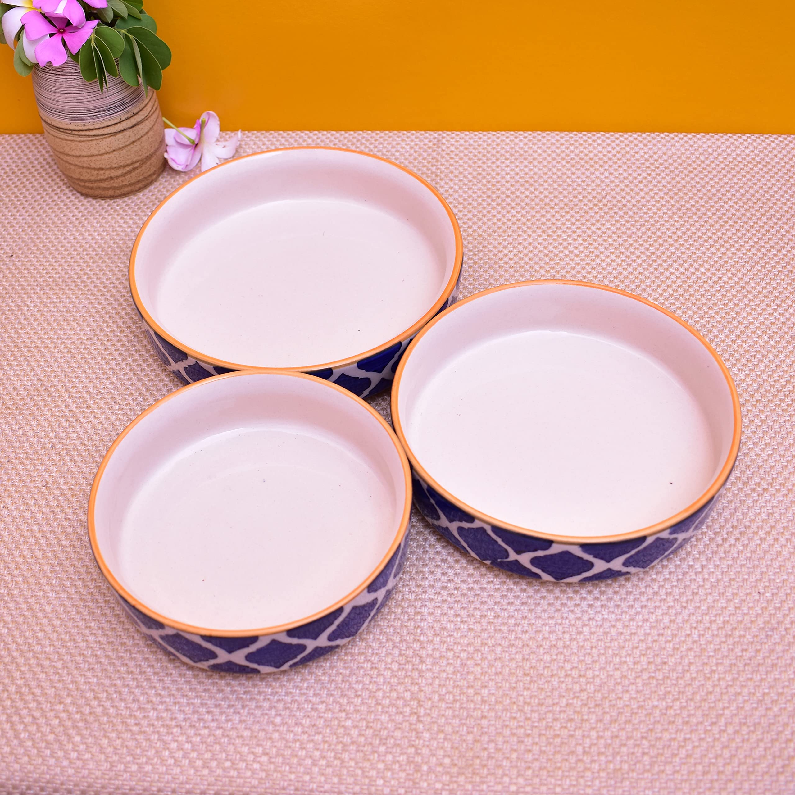 Kunhar Ceramic Bowls Set for Snacks Ceramic Serving Bowl Set for Dinner - 650 ML, 550 ML and 400 ML, 3 Pieces, Blue