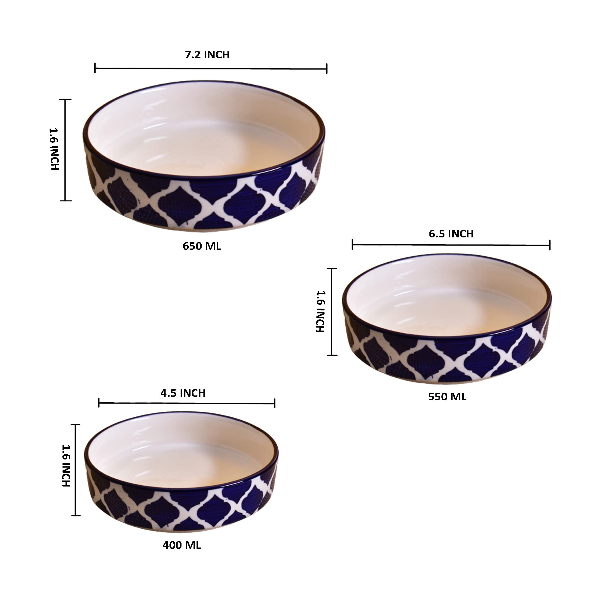 Kunhar Ceramic Bowls Set for Snacks Ceramic Serving Bowl Set for Dinner - 650 ML, 550 ML and 400 ML, 3 Pieces, Blue