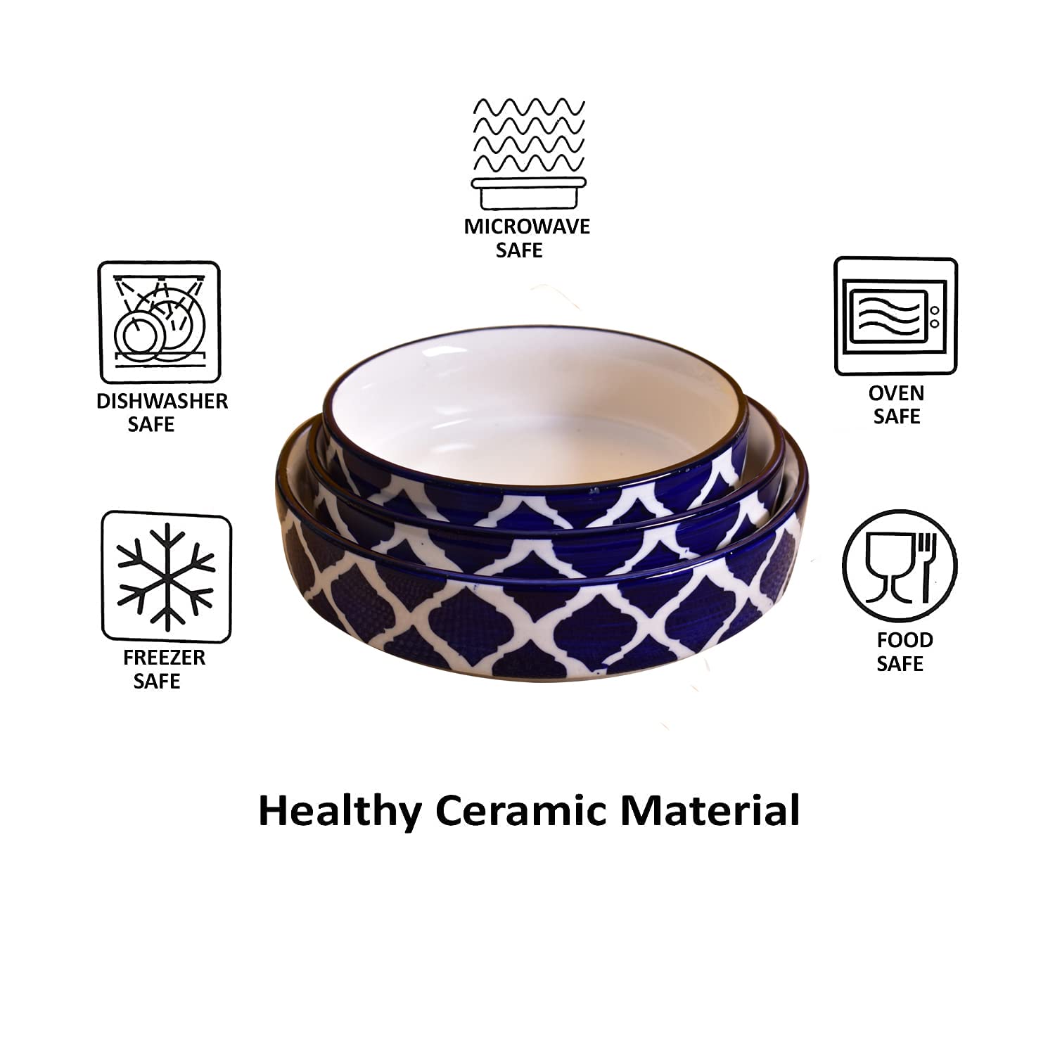 Kunhar Ceramic Bowls Set for Snacks Ceramic Serving Bowl Set for Dinner - 650 ML, 550 ML and 400 ML, 3 Pieces, Blue