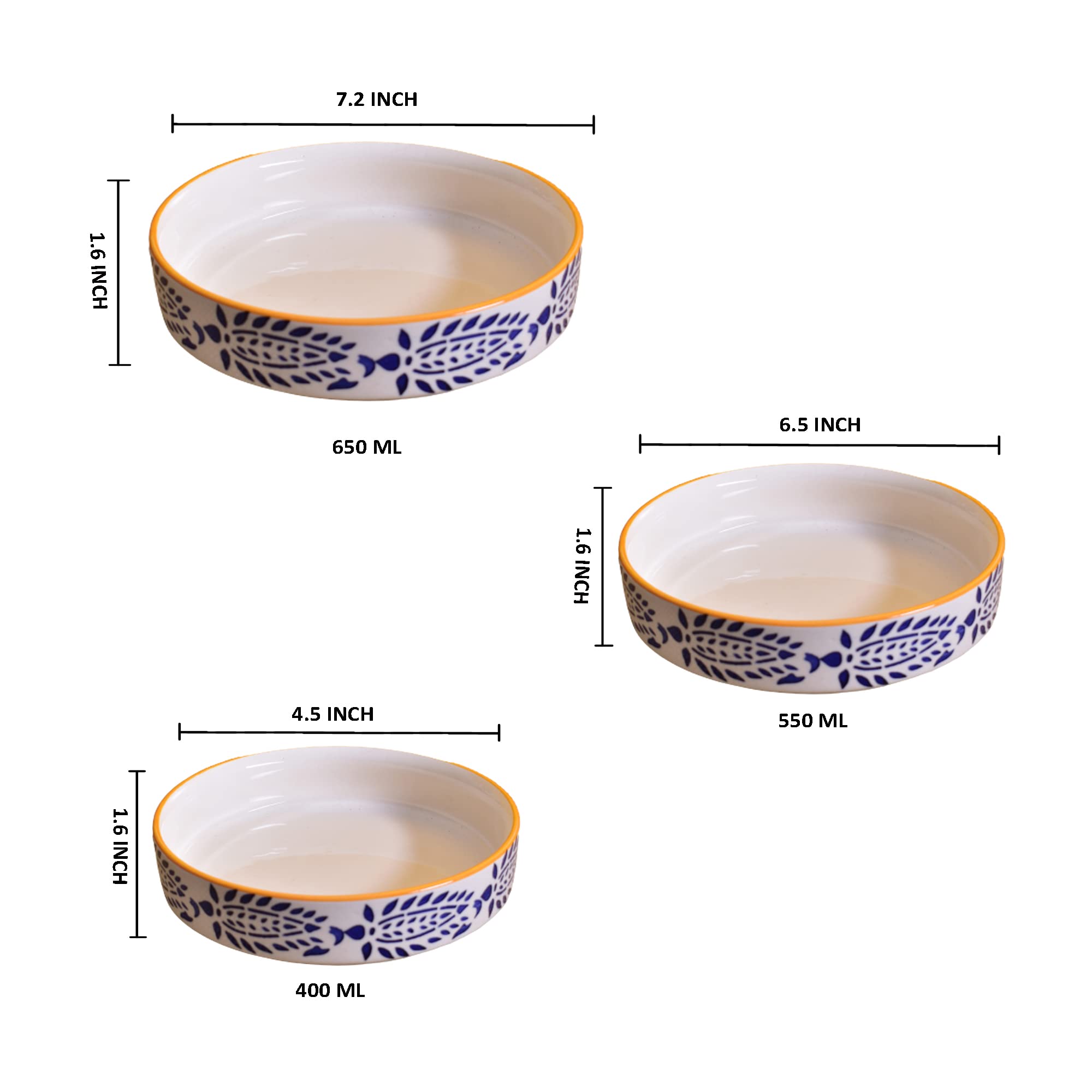 Kunhar Ceramic Bowls Set for Snacks Ceramic Serving Bowl Set for Dinner - 650 ML, 550 ML and 400 ML, 3 Pieces, Yellow Blue