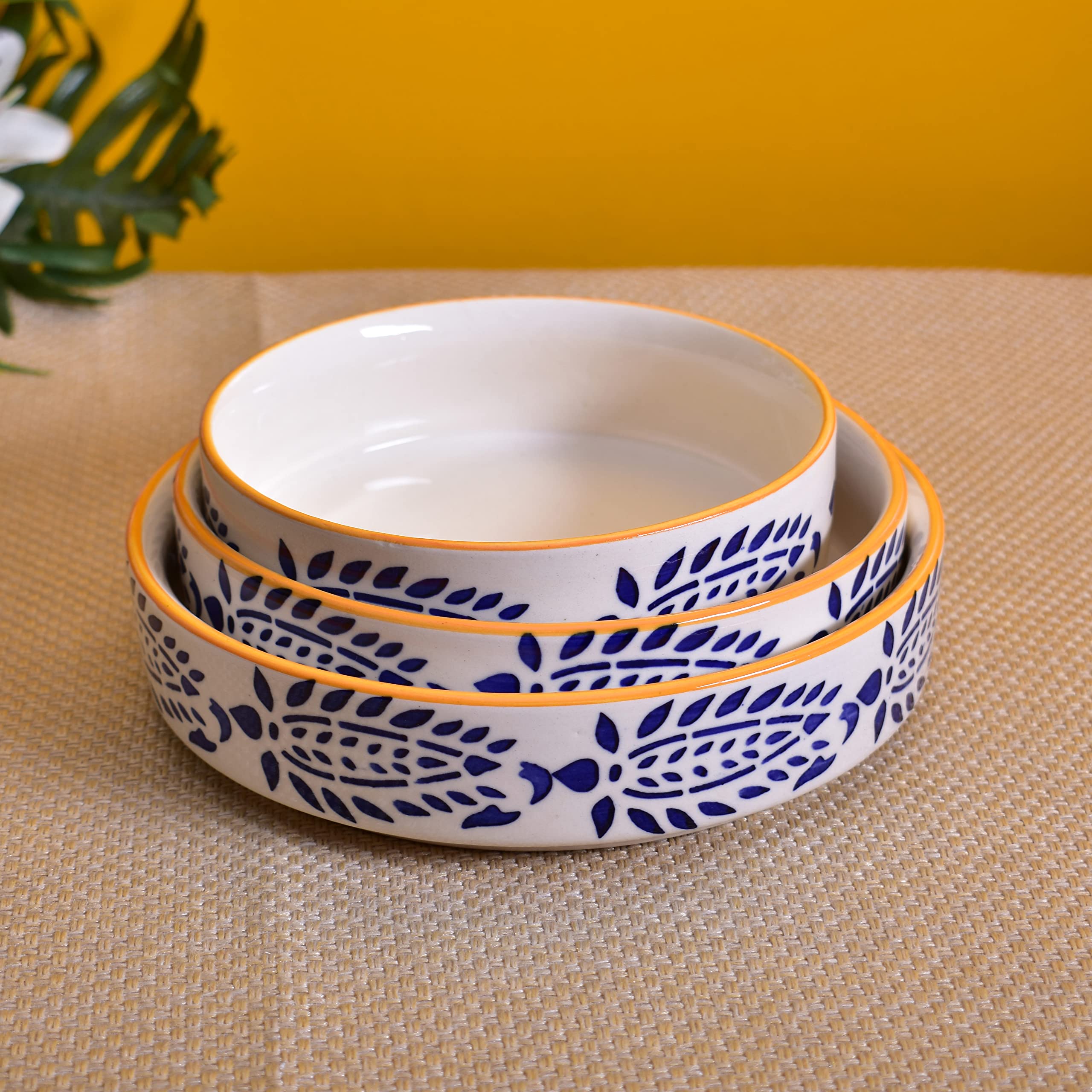 Kunhar Ceramic Bowls Set for Snacks Ceramic Serving Bowl Set for Dinner - 650 ML, 550 ML and 400 ML, 3 Pieces, Yellow Blue