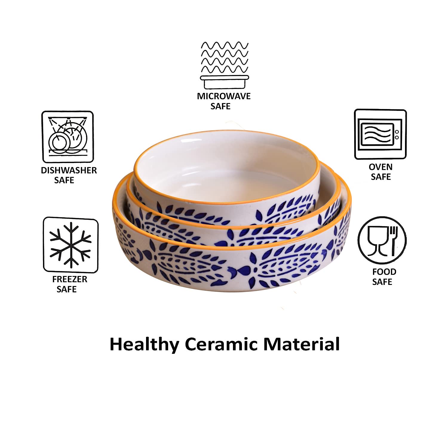 Kunhar Ceramic Bowls Set for Snacks Ceramic Serving Bowl Set for Dinner - 650 ML, 550 ML and 400 ML, 3 Pieces, Yellow Blue