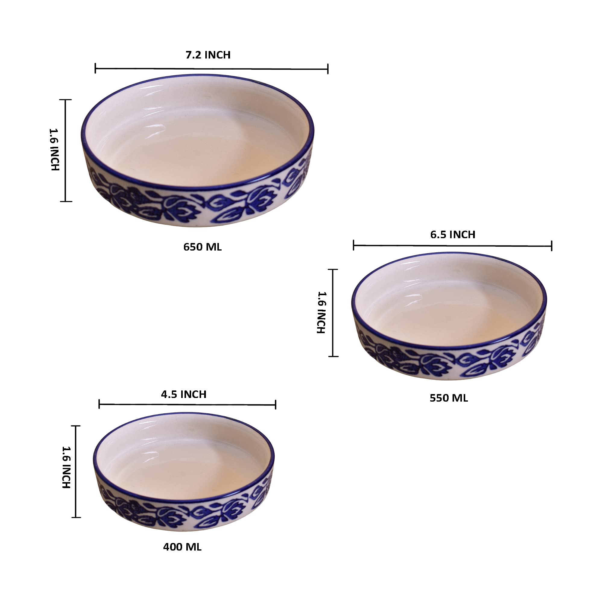 Kunhar Ceramic Bowls Set for Snacks Ceramic Serving Bowl Set for Dinner - 650 ML, 550 ML and 400 ML, 3 Pieces, Blue Vine