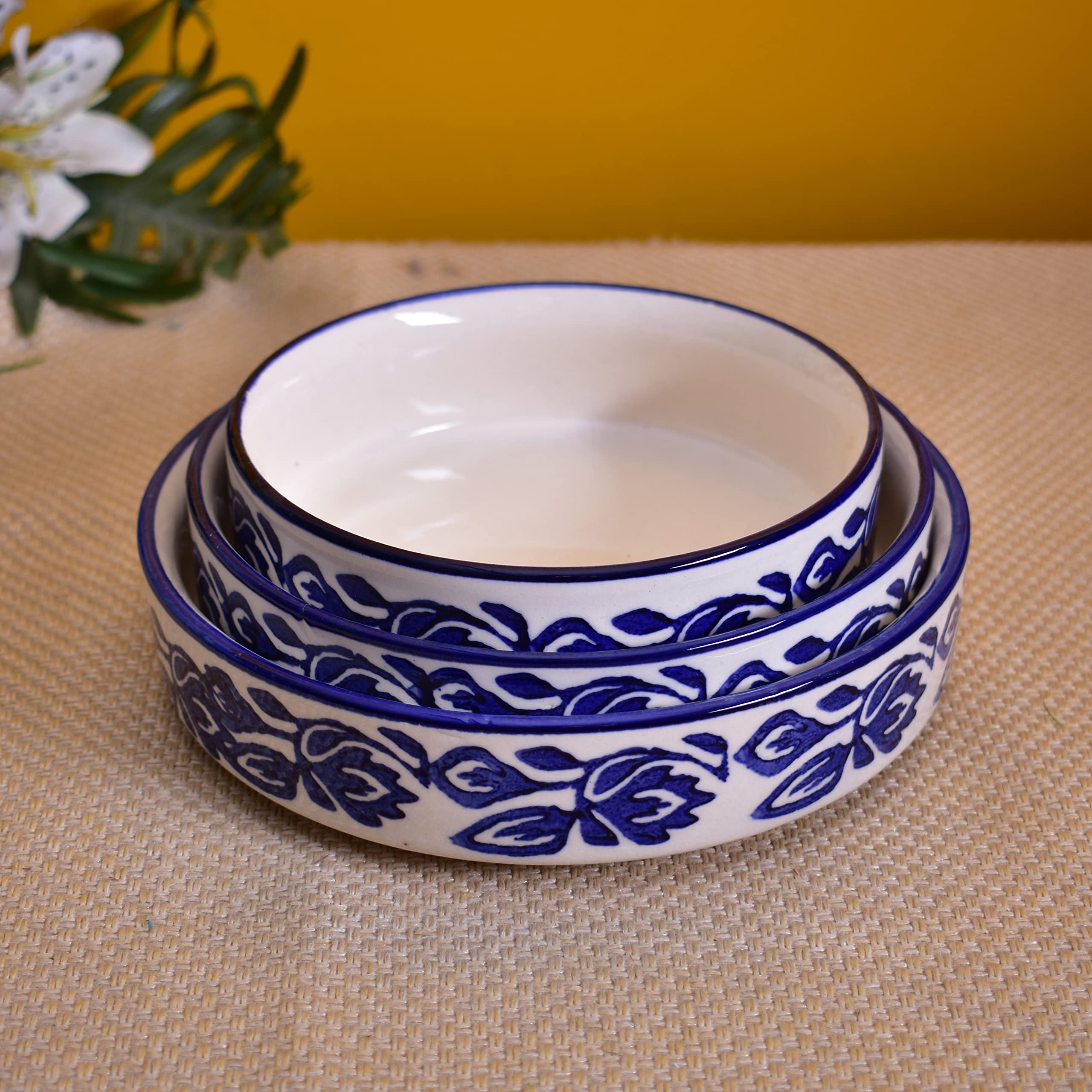 Kunhar Ceramic Bowls Set for Snacks Ceramic Serving Bowl Set for Dinner - 650 ML, 550 ML and 400 ML, 3 Pieces, Blue Vine