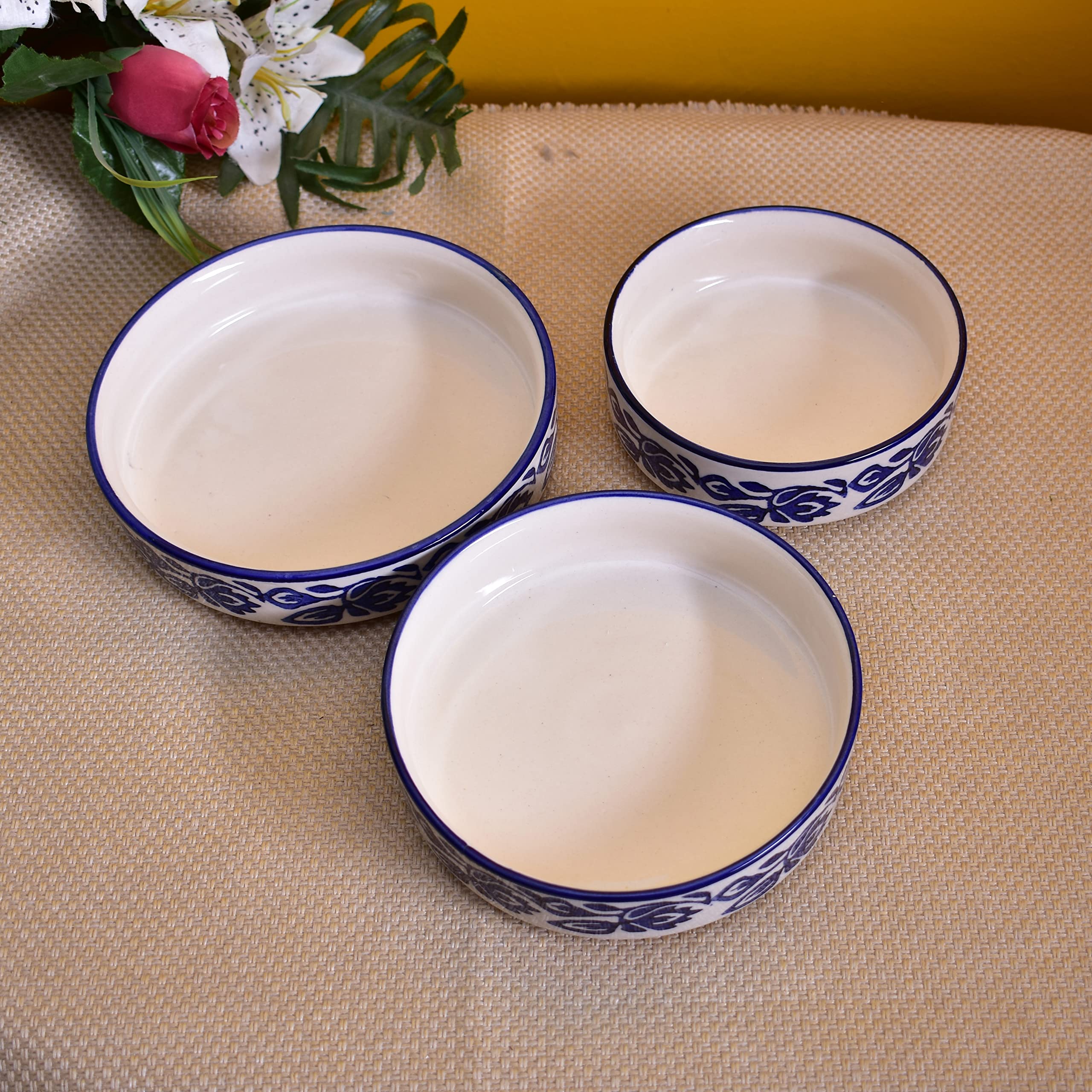 Kunhar Ceramic Bowls Set for Snacks Ceramic Serving Bowl Set for Dinner - 650 ML, 550 ML and 400 ML, 3 Pieces, Blue Vine