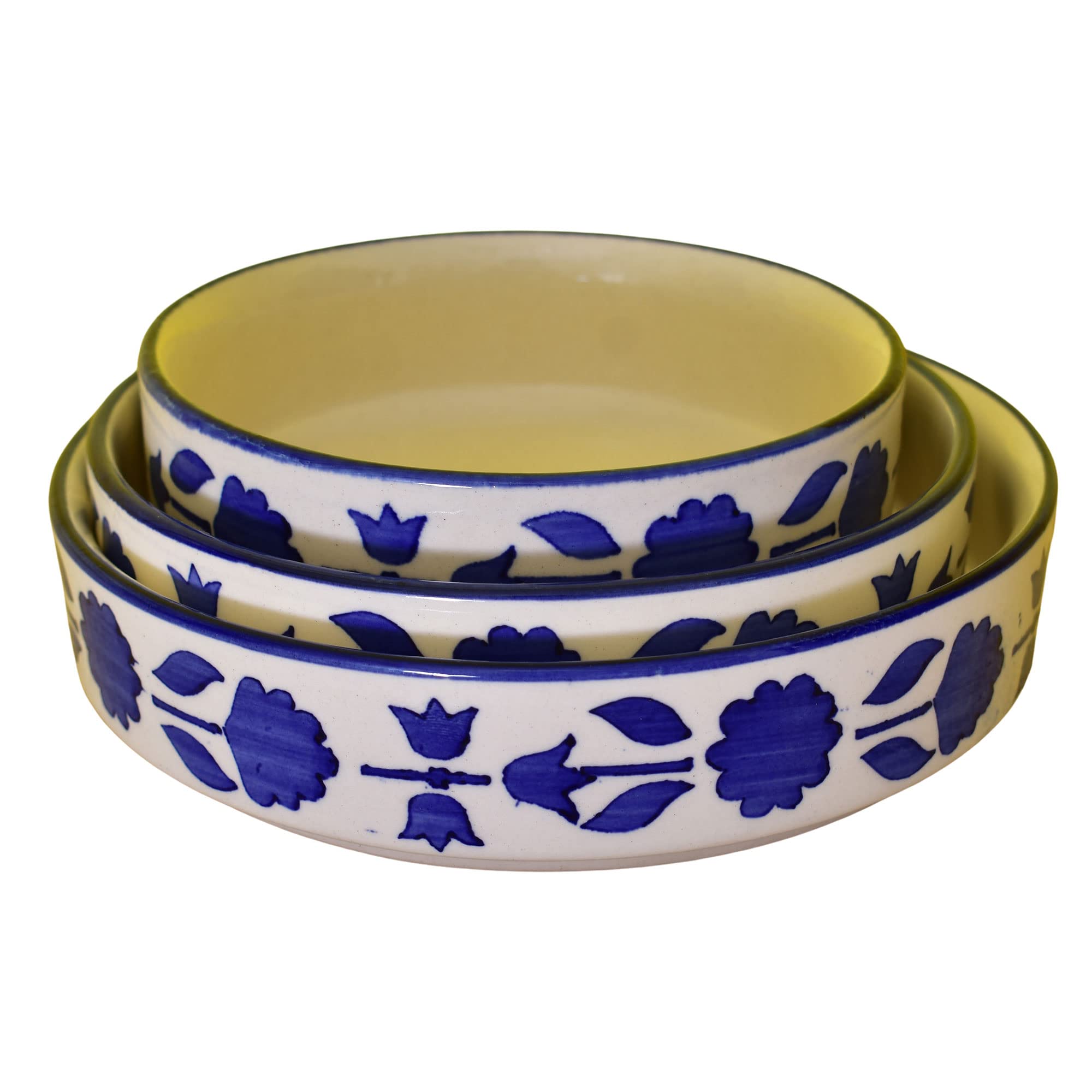 Kunhar Ceramic Bowls Set for Snacks Ceramic Serving Bowl Set for Dinner - 650 ML, 550 ML and 400 ML, 3 Pieces, Blue Flower