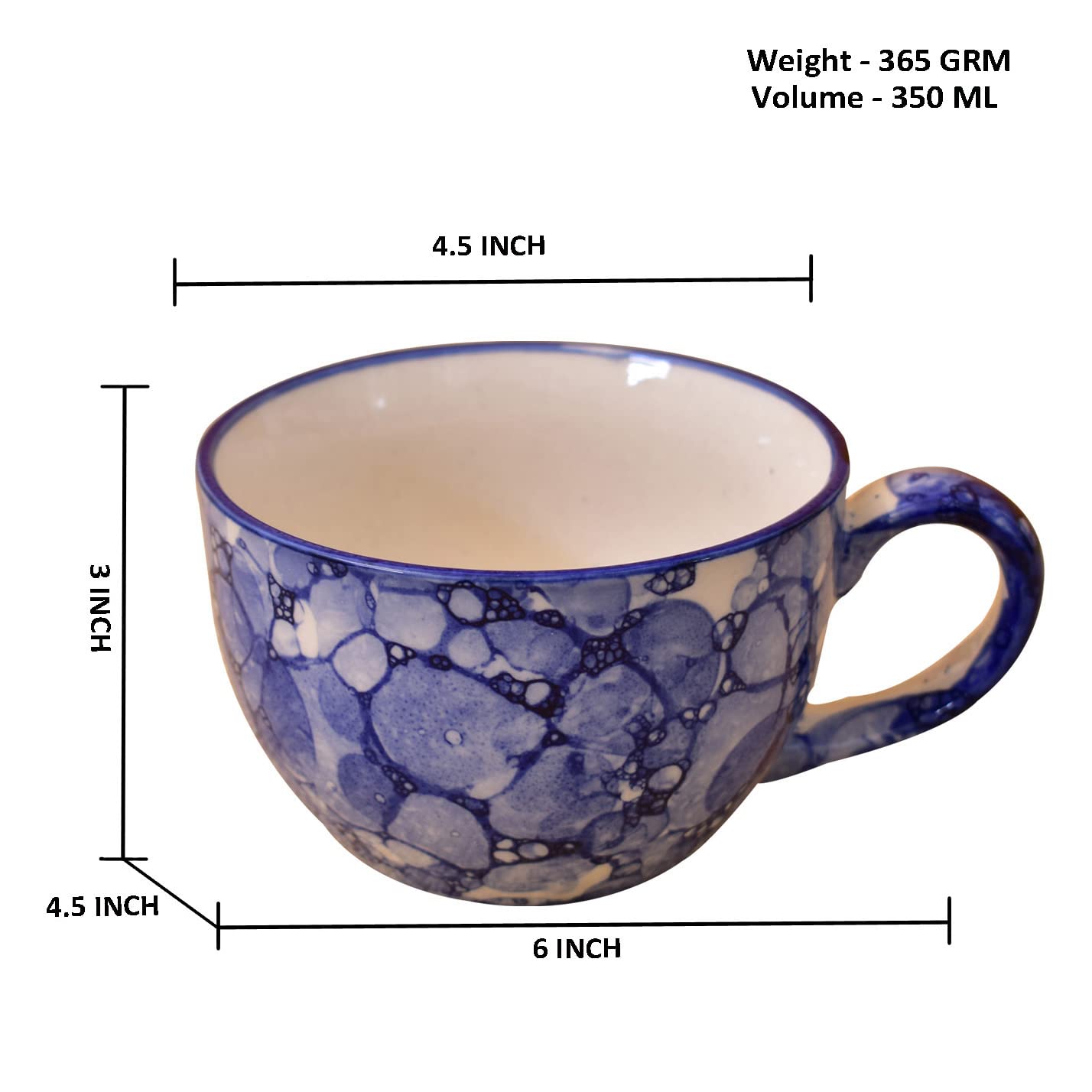 Kunhar Ceramic Jumbo Coffee Mug Soup Mug Noodle Mug - 350 ML - Microwave Safe & Freezer Safe, Set of 1, Blue Luster
