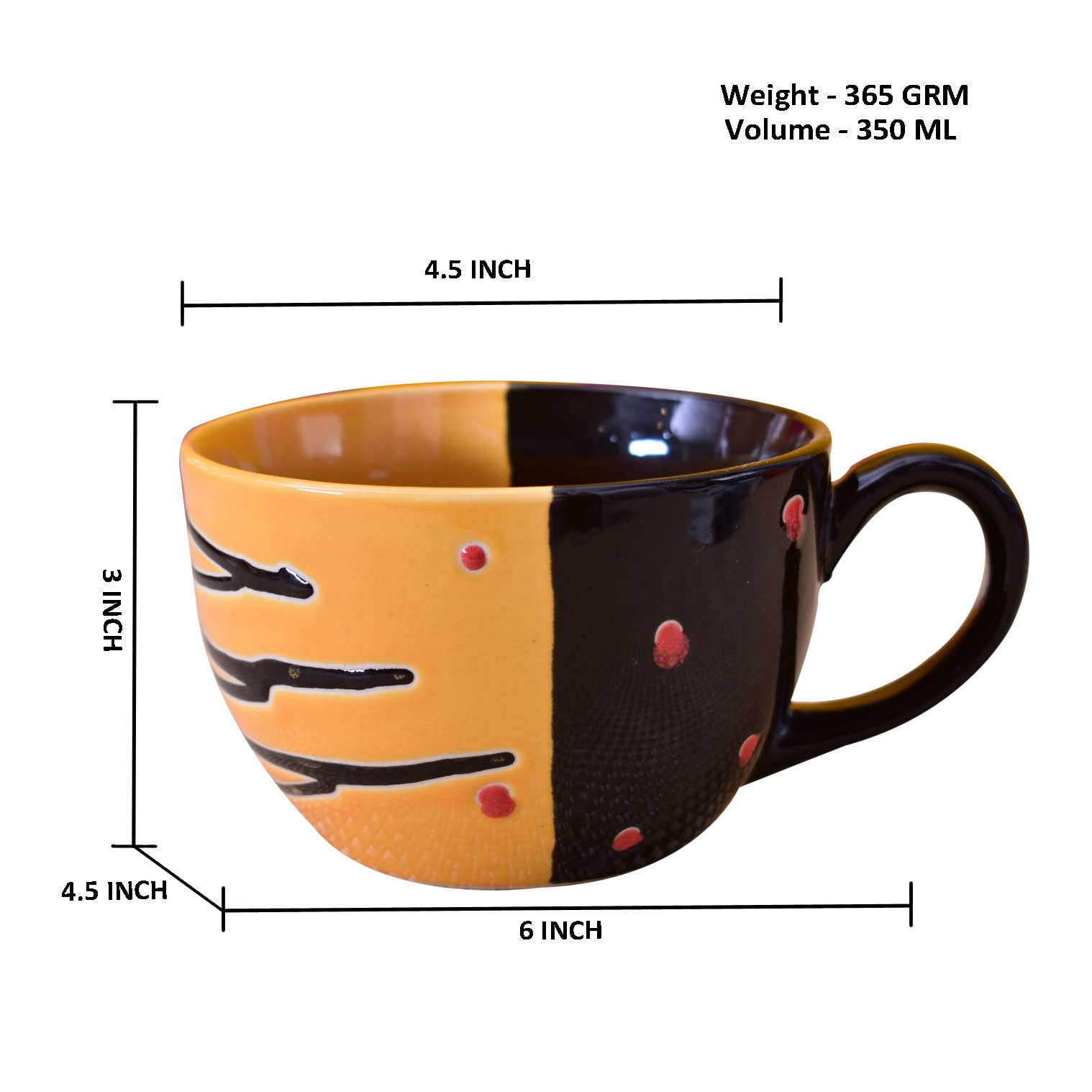 Kunhar Ceramic Jumbo Coffee Mug Soup Mug Noodle Mug - 350 ML - Microwave Safe & Freezer Safe, Set of 1, Black Orange