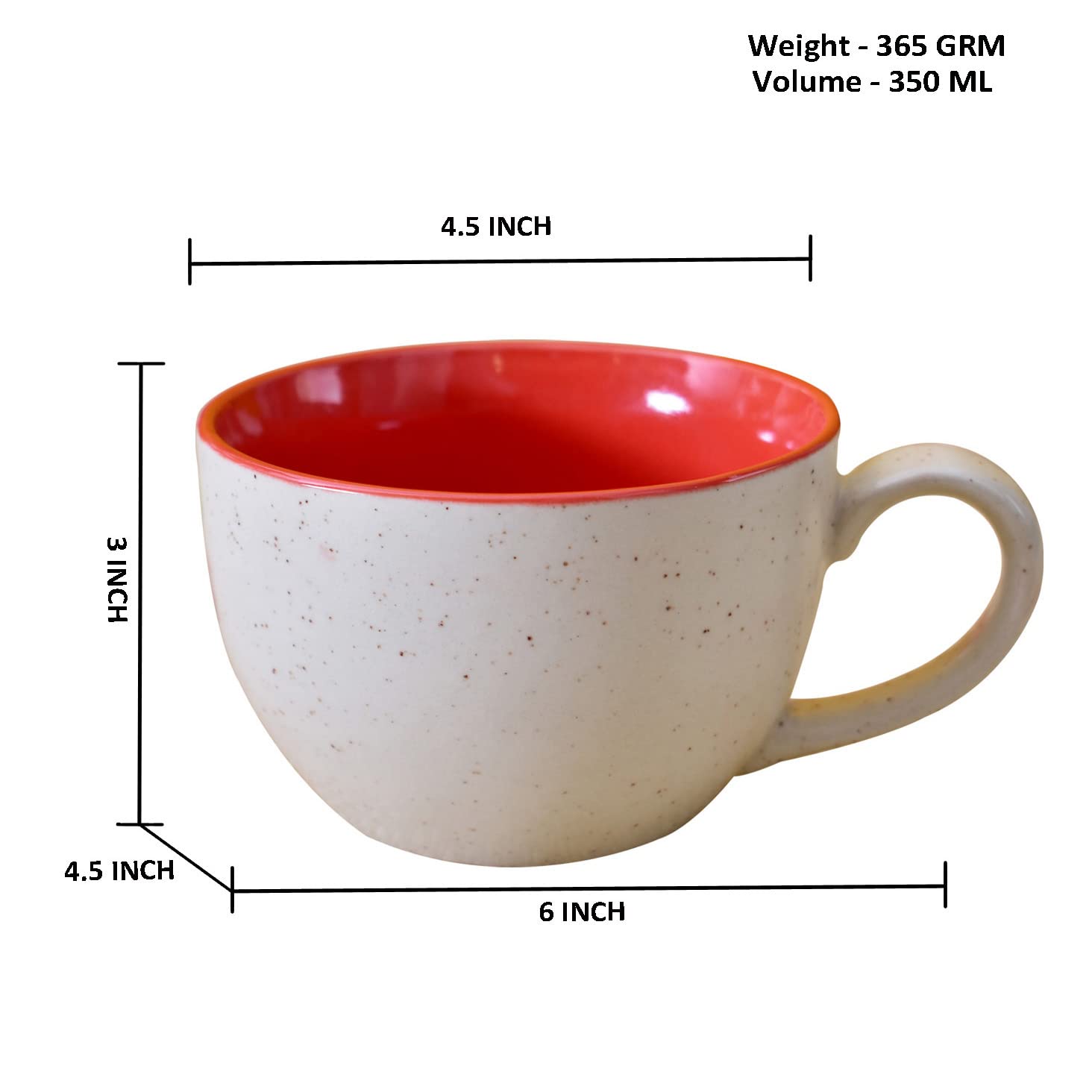 Kunhar Ceramic Jumbo Coffee Mug Soup Mug Noodle Mug - 350 ML - Microwave Safe & Freezer Safe, Set of 1, White Red