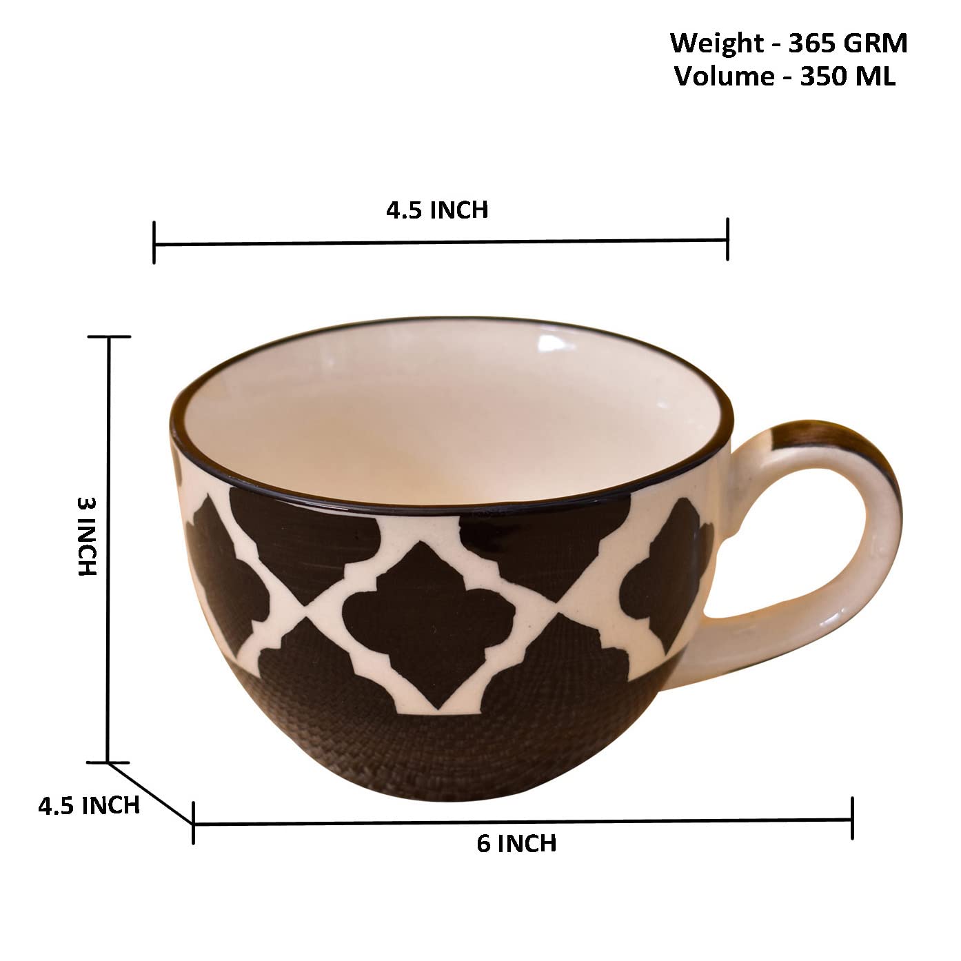 Kunhar Ceramic Jumbo Coffee Mug Soup Mug Noodle Mug - 350 ML - Microwave Safe & Freezer Safe, Set of 1, Black Chidi