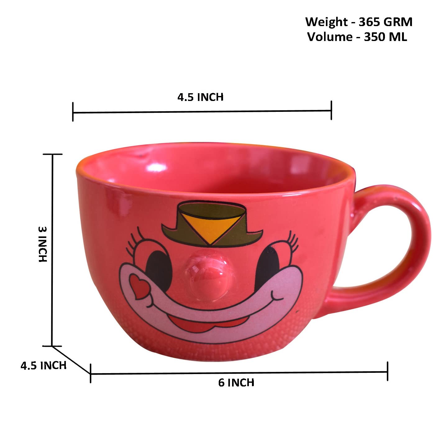 Kunhar Ceramic Jumbo Coffee Mug Soup Mug Noodle Mug - 350 ML - Microwave Safe & Freezer Safe, Set of 1, Red Smile