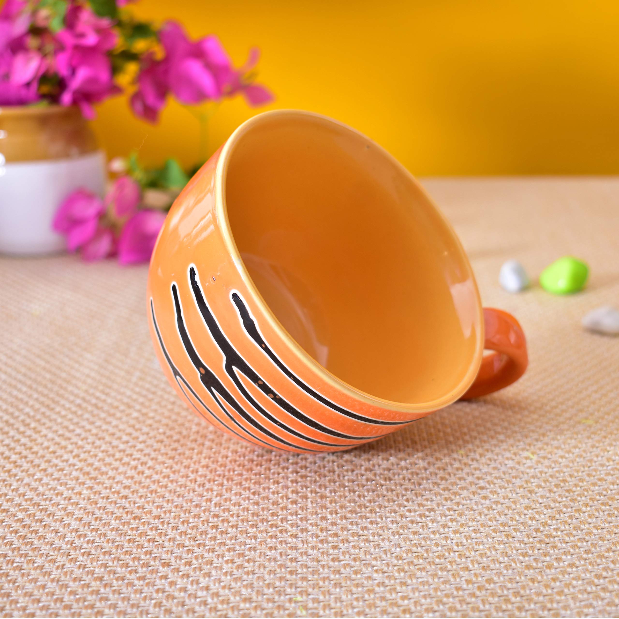 Kunhar Ceramic Jumbo Coffee Mug Soup Mug Noodle Mug - 350 ML - Microwave Safe & Freezer Safe, Set of 1, Orange Line