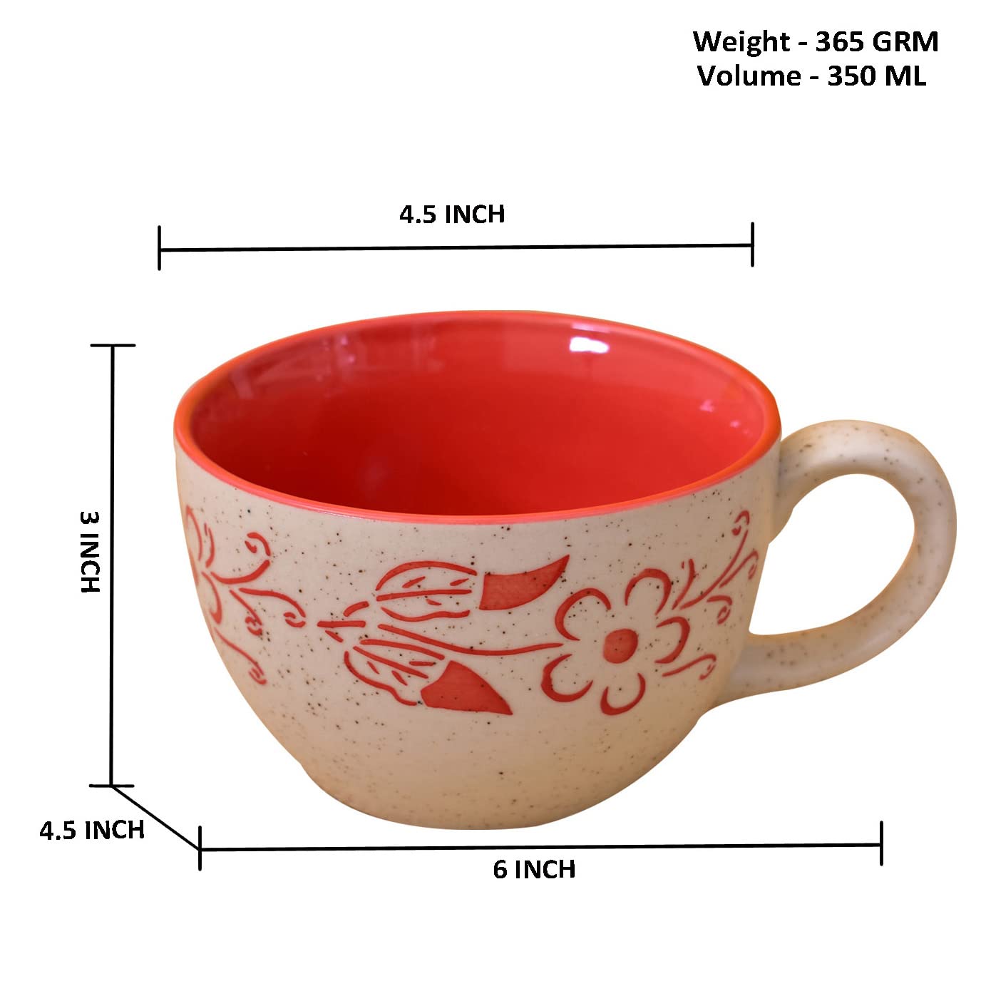 Kunhar Ceramic Jumbo Coffee Mug Soup Mug Noodle Mug - 350 ML - Microwave Safe & Freezer Safe, Set of 1, White Red Flower