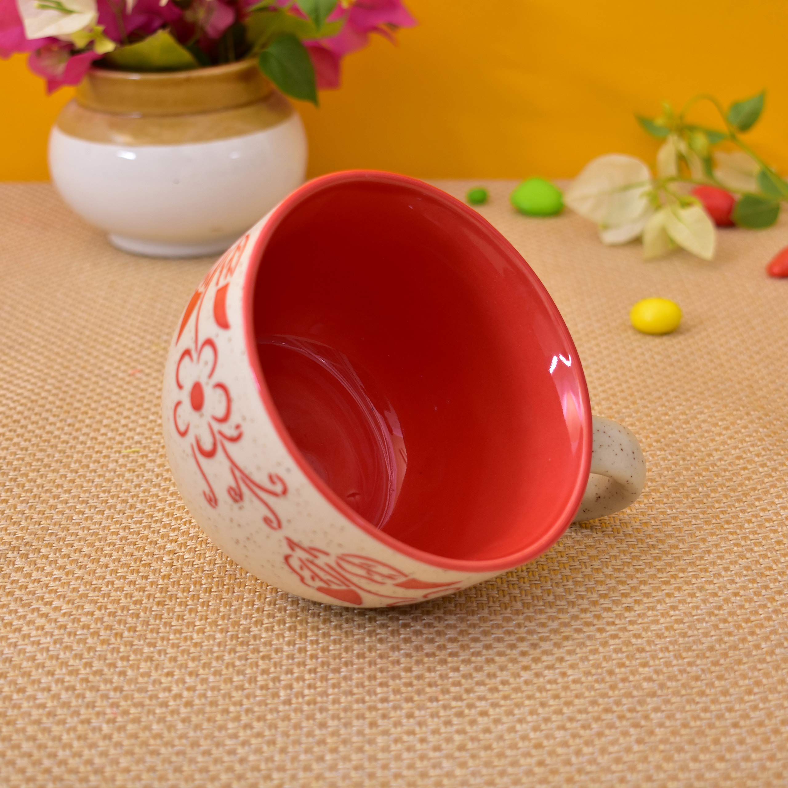 Kunhar Ceramic Jumbo Coffee Mug Soup Mug Noodle Mug - 350 ML - Microwave Safe & Freezer Safe, Set of 1, White Red Flower