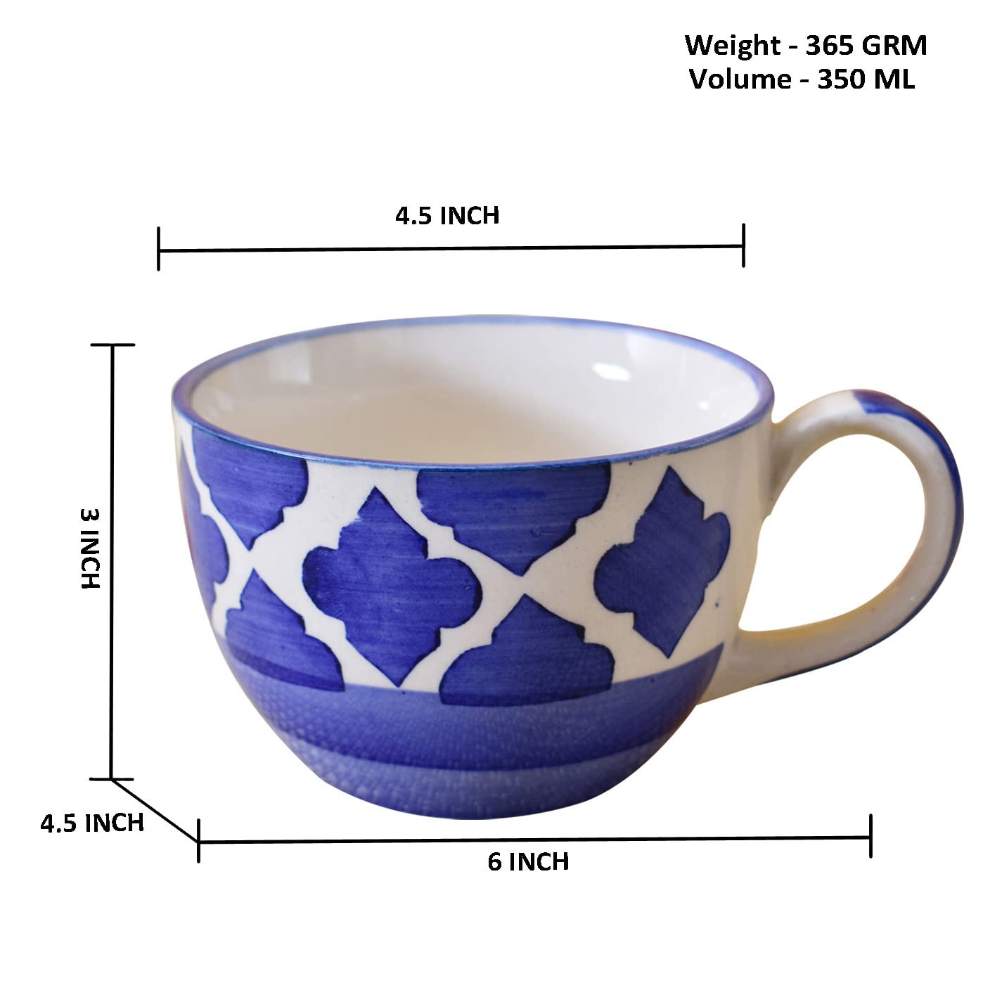 Kunhar Ceramic Jumbo Coffee Mug Soup Mug Noodle Mug - 350 ML - Microwave Safe & Freezer Safe, Set of 1, Blue Chidi