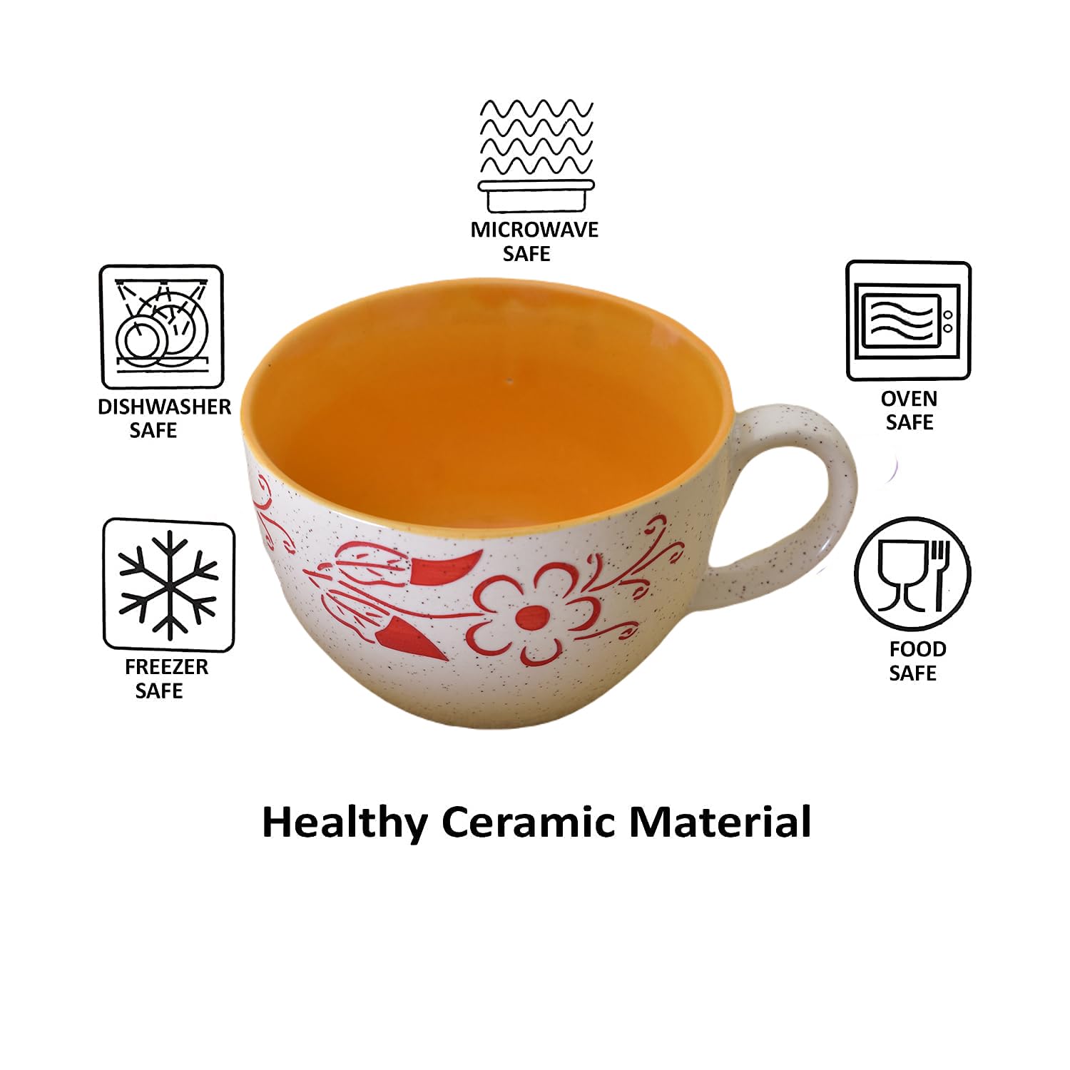 Kunhar Ceramic Jumbo Coffee Mug Soup Mug Noodle Mug - 350 ML - Microwave Safe & Freezer Safe, Set of 1, White Yellow Flower