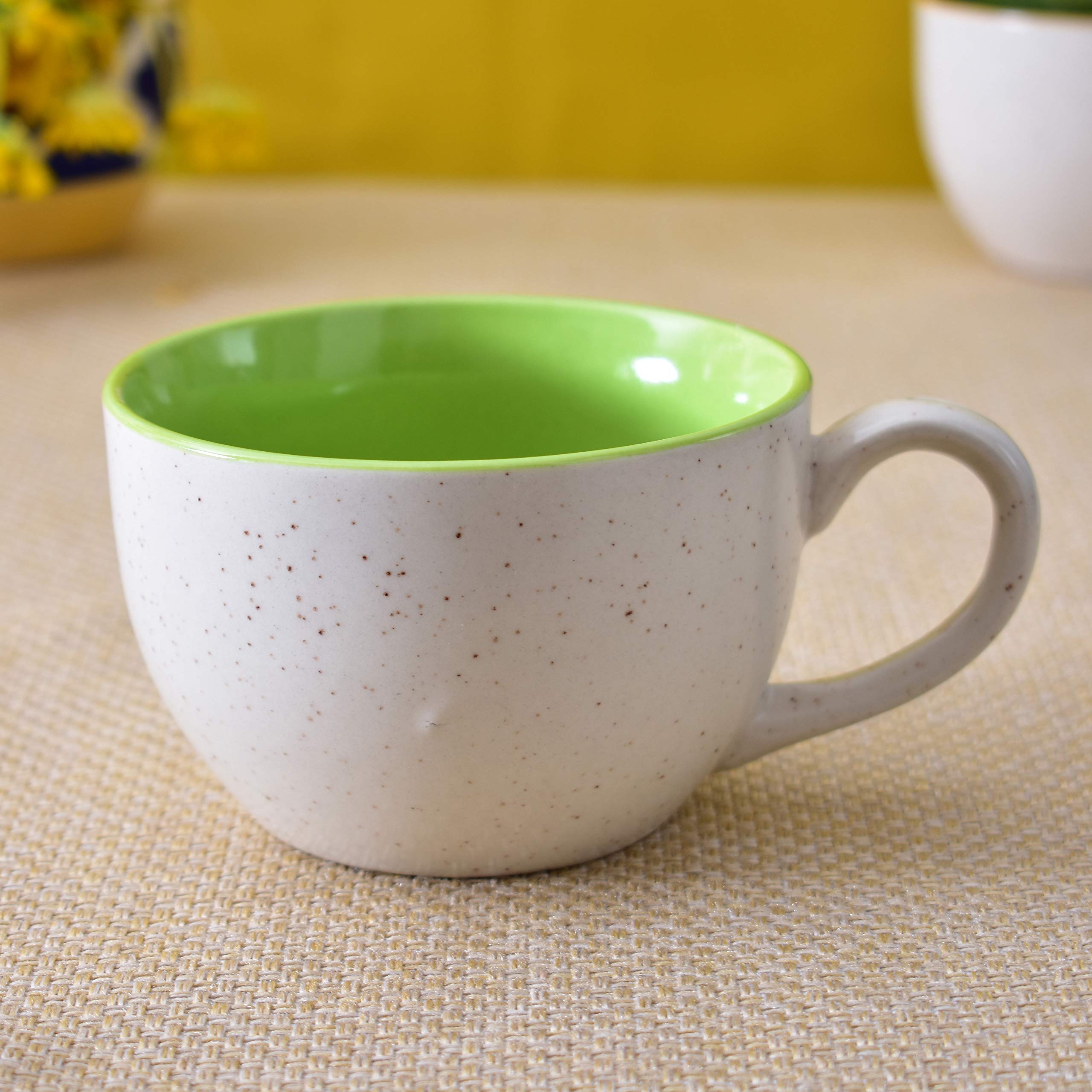 Kunhar Ceramic Jumbo Coffee Mug Soup Mug Noodle Mug - 350 ML - Microwave Safe & Freezer Safe, Set of 1, White Green Matte