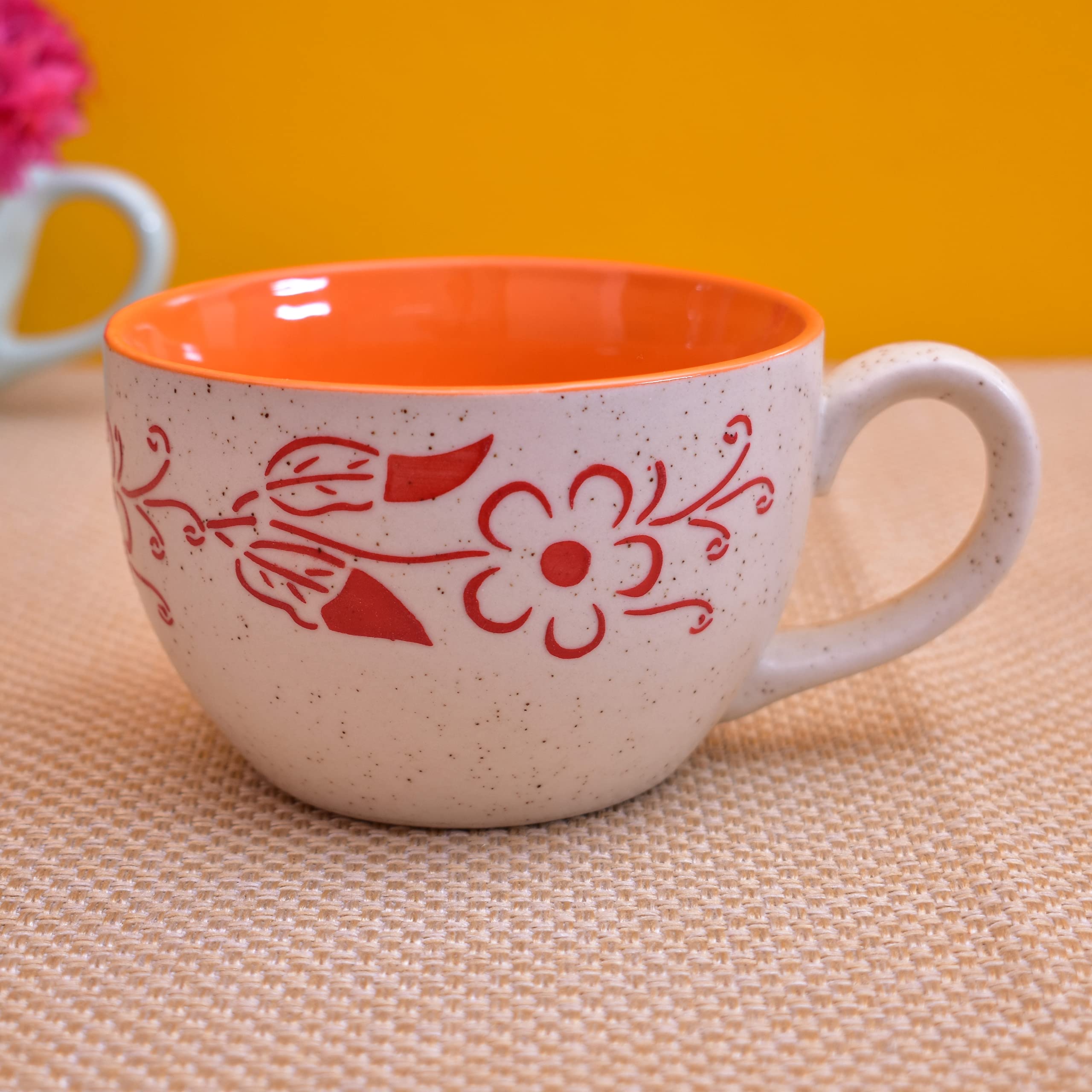 Kunhar Ceramic Jumbo Coffee Mug Soup Mug Noodle Mug - 350 ML - Microwave Safe & Freezer Safe, Set of 1, White Orange Flower