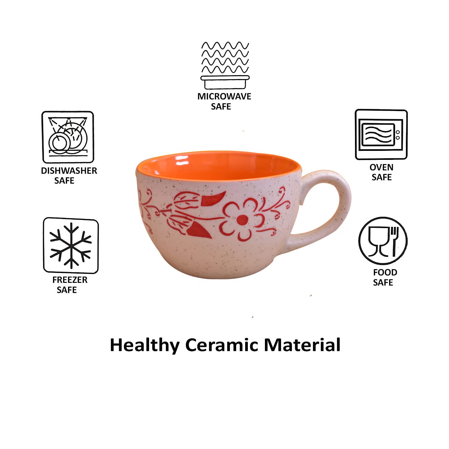 Kunhar Ceramic Jumbo Coffee Mug Soup Mug Noodle Mug - 350 ML - Microwave Safe & Freezer Safe, Set of 1, White Orange Flower